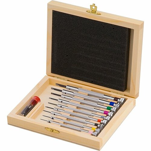 9 Uhrmacher Schraubendreher 0,6 - 3mm mit Ersatzklingen im edelen Holzetui