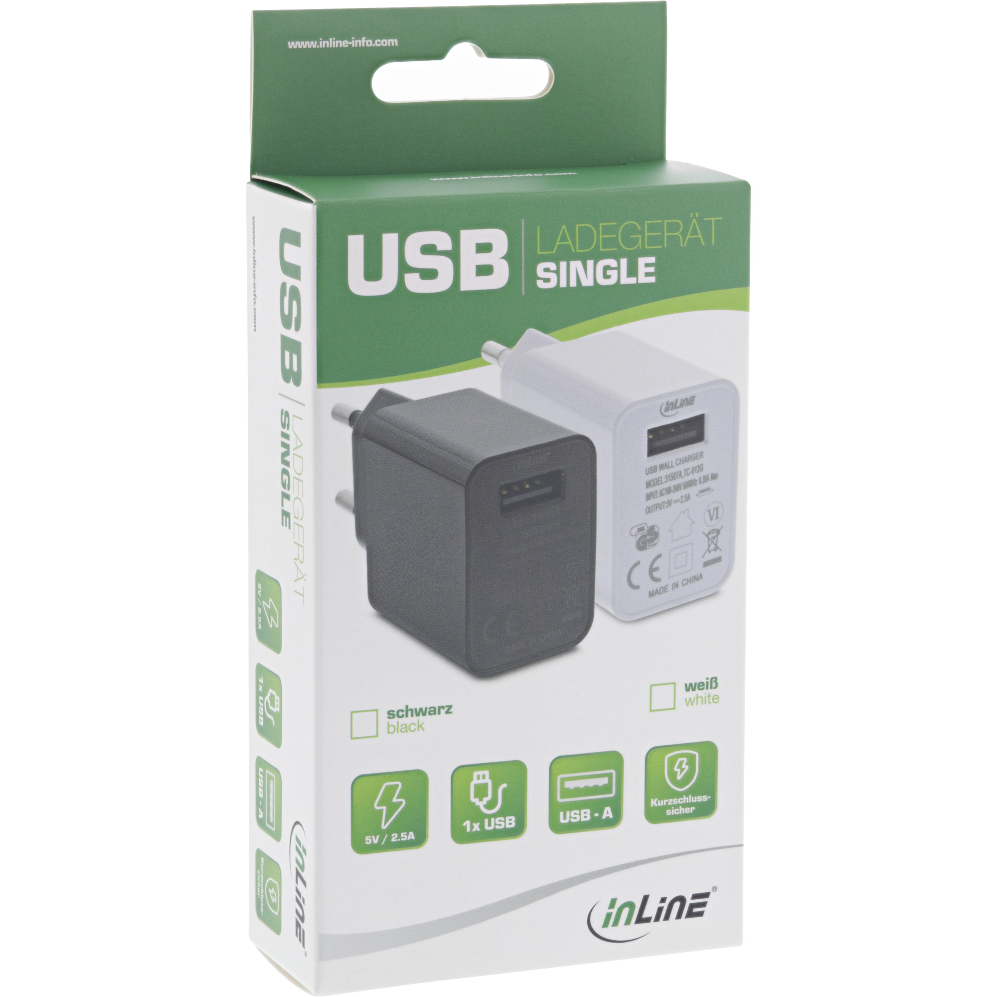 Inline® USB Ladegerät Single, Netzteil, 100-240V zu 5V/2,5A, weiß
