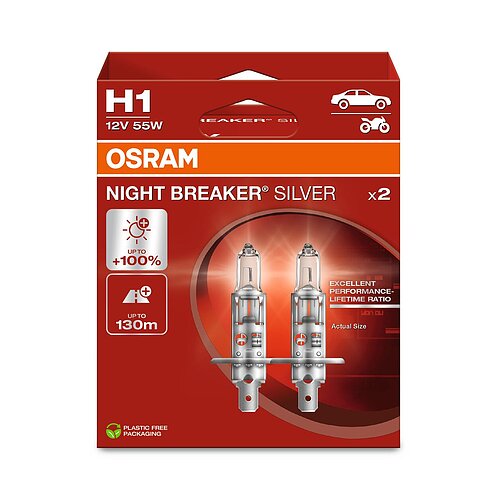 OSRAM H1 - P14,5s 12V 55W NIGHT BREAKER® SILVER +100% 2er Paket
