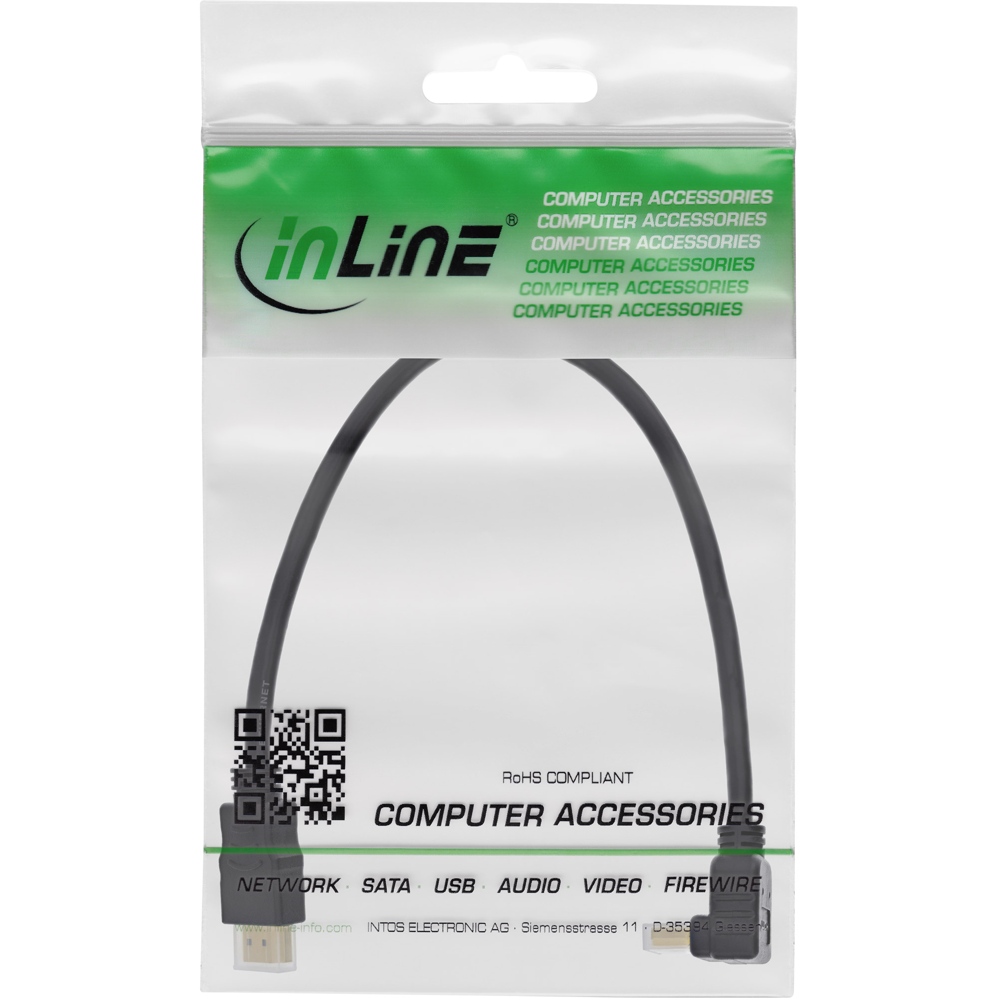 Inline® HDMI HS Kabel, gewinkelt, mit Eth., ST / ST, verg. Kont., schwarz, 0,3m