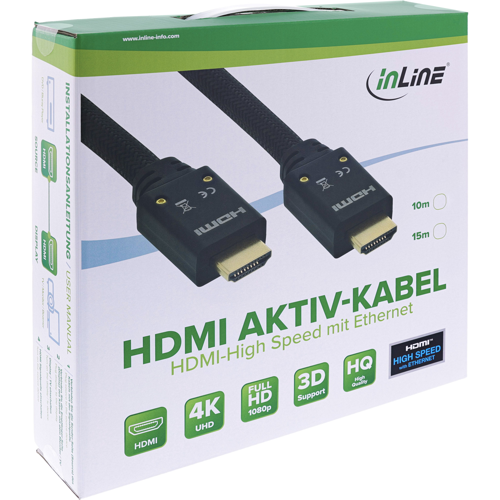 Inline® HDMI Aktiv-Kabel, HDMI-High Speed mit Ethernet, 4K2K, ST/ST, 15m Nylon