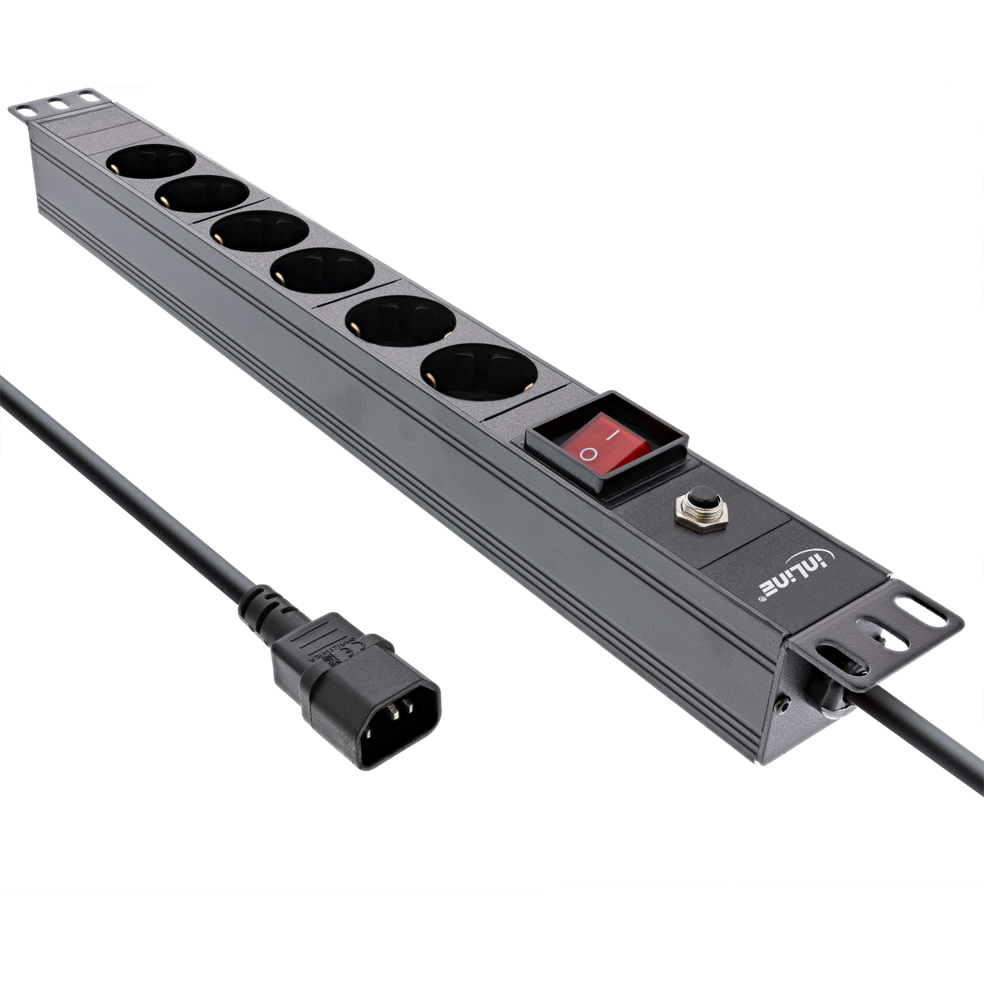 Inline® 19" Steckdosenleiste, 6-fach Schutzkontakt, C14 Stecker, Überlastschutz