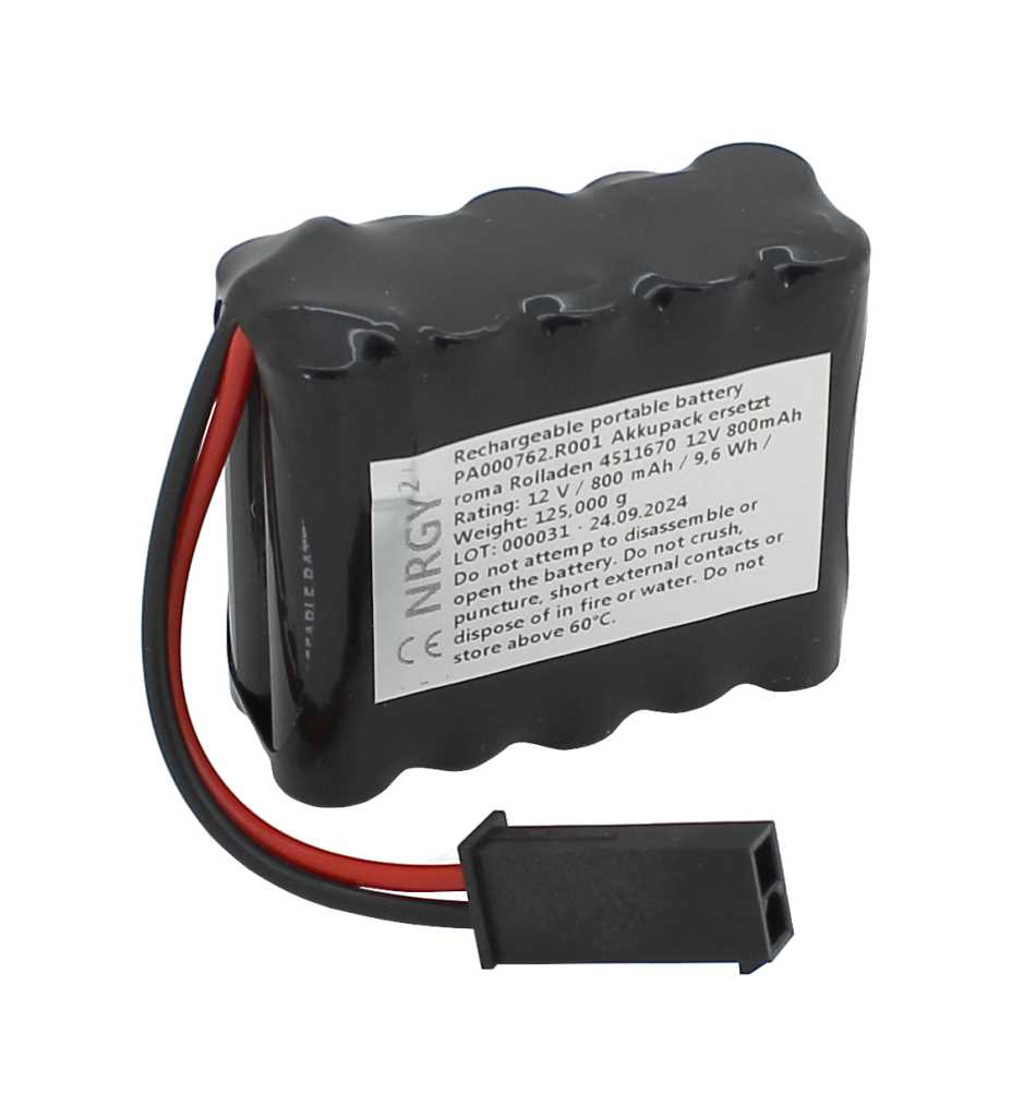 Akkupack NiMH 12V 800mAh F2x5 mit Kabel und Stecker ersetzt roma Rollladen 4511670 12V 800mAh