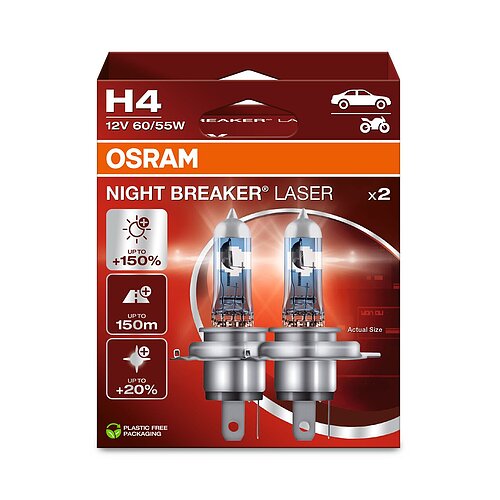 OSRAM H4 12V 60/55W P43t NIGHT BREAKER® LASER +150% mehr Helligkeit 2 Stück