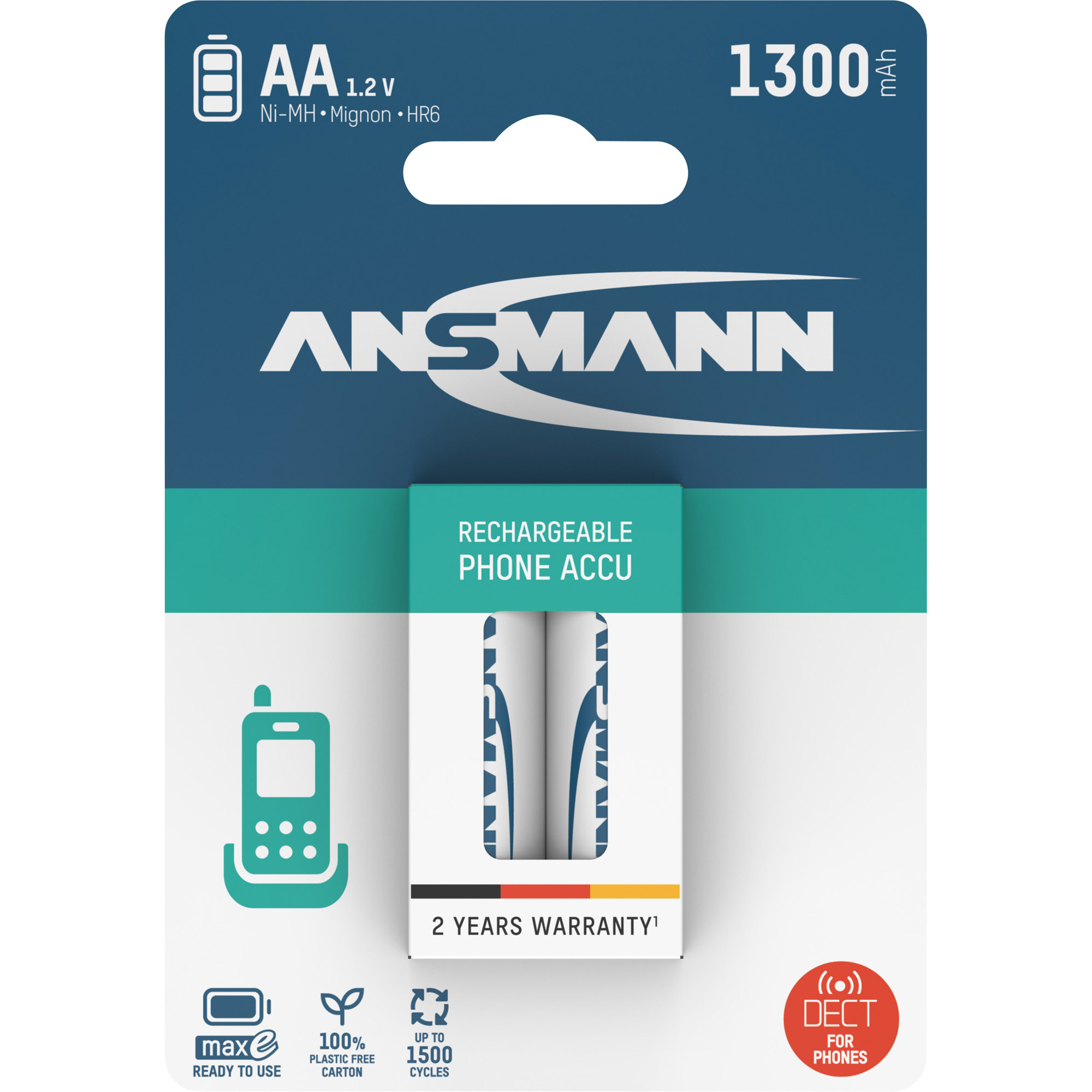 2x Ansmann NiMH AA Mignon 1300mAh HR6 Akku für DECT Telefon