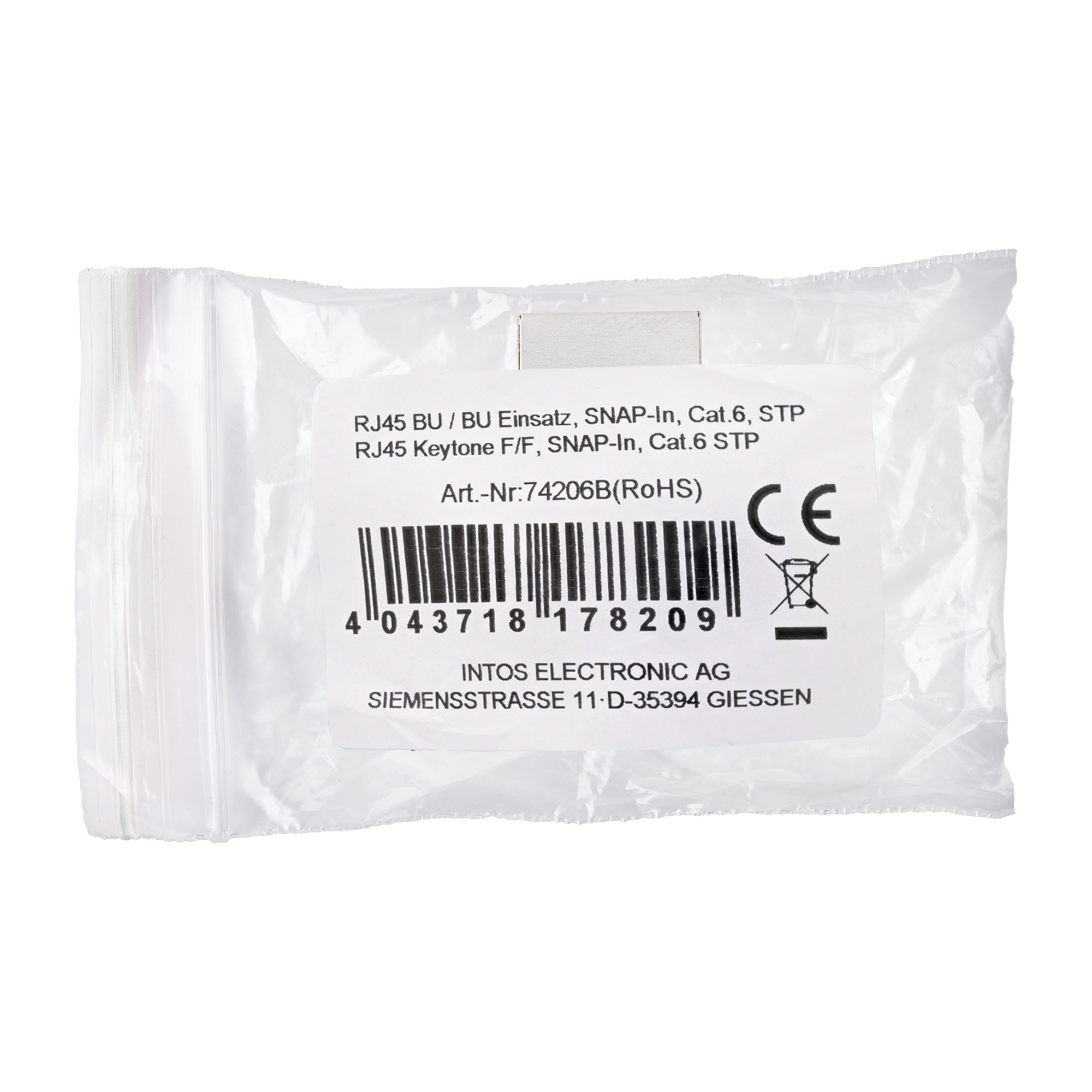 Inline® Keystone RJ45 Buchse / Buchse Einsatz, SNAP-In, Cat.6, STP, bulk