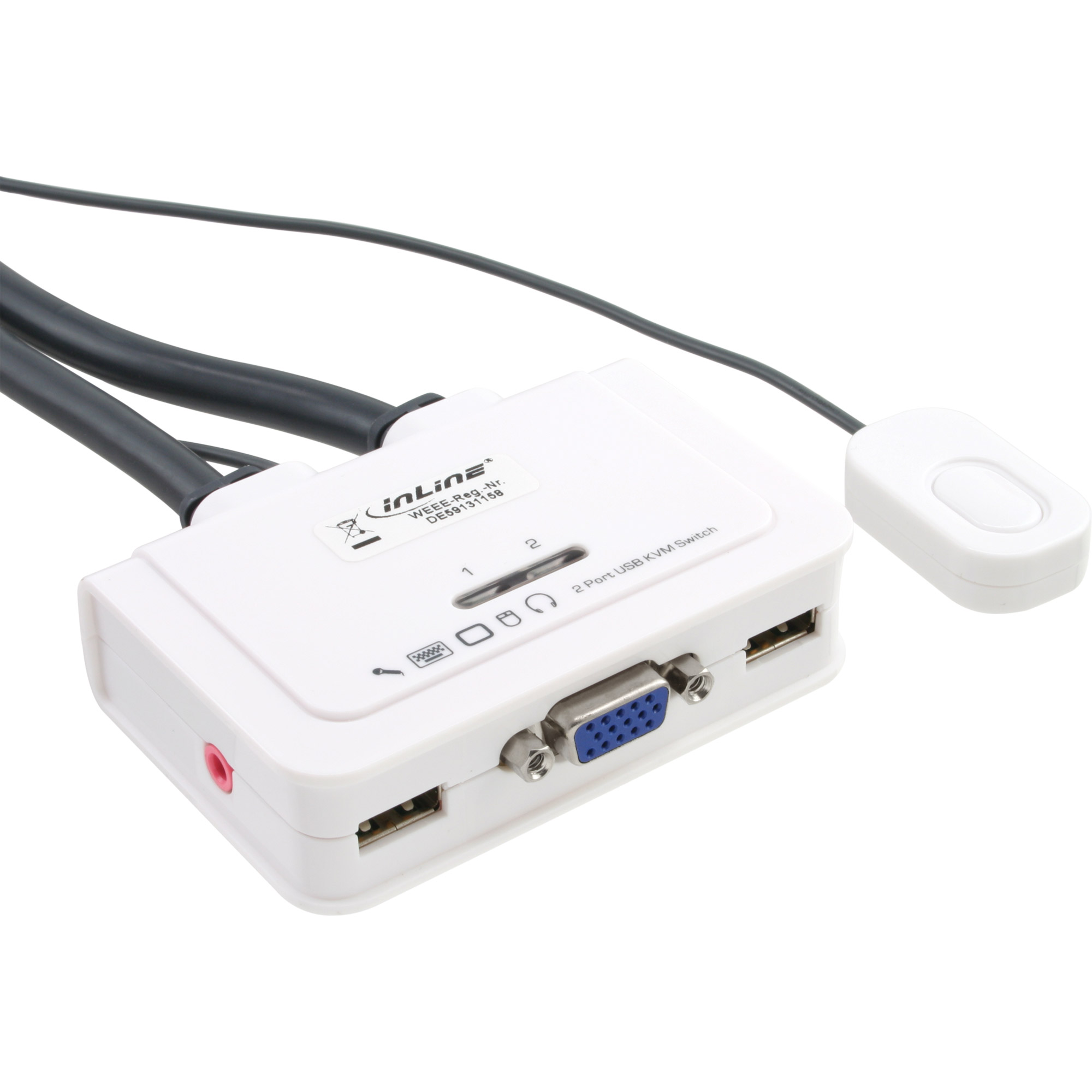 Inline® KVM Switch, 2-fach, VGA, USB, mit Audio, integr. Kabel