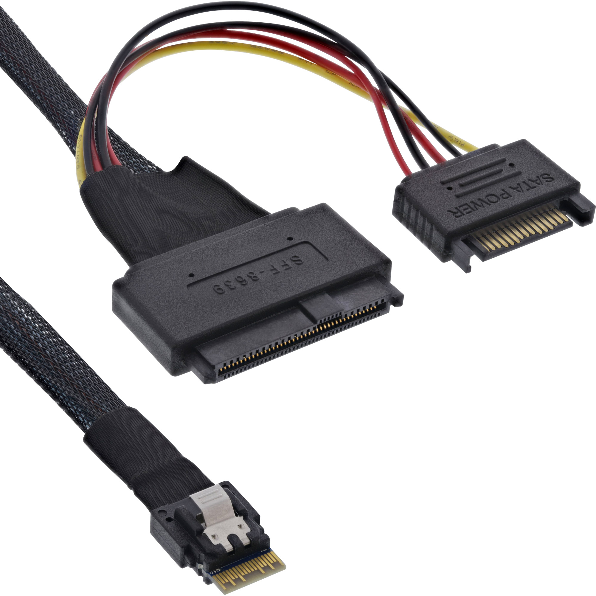 Inline® Slim SAS Kabel, SFF-8654 zu U.2 SFF-8639 + SATA Strom, 24Gb/s, 0,5m