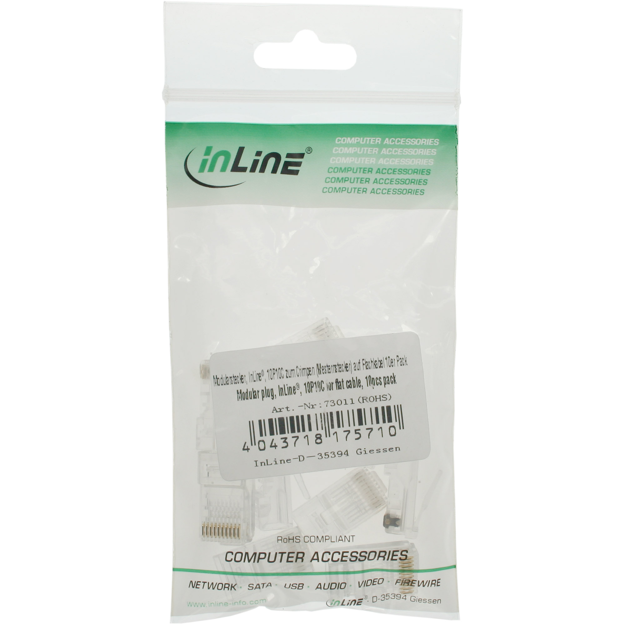 Inline® Modularstecker, 10P10C zum Crimpen (Westernstecker) auf Flachkabel, 10er