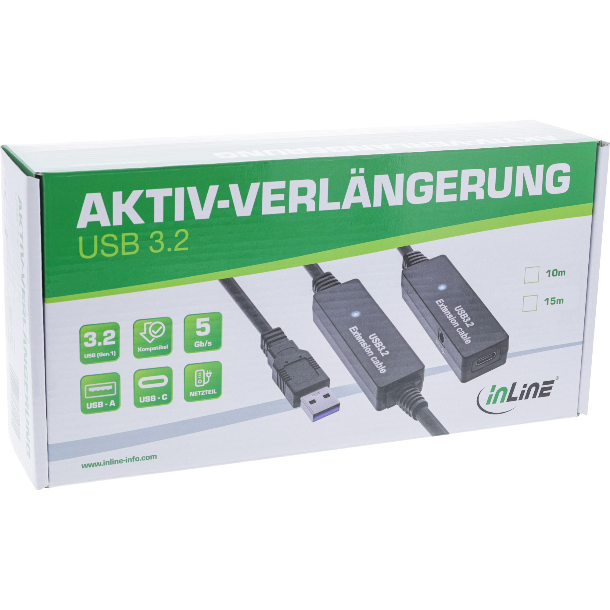 Inline® USB 3.2 Gen.1 Aktiv-VerLängerung, USB-A Stecker an USB-C Buchse, 15m