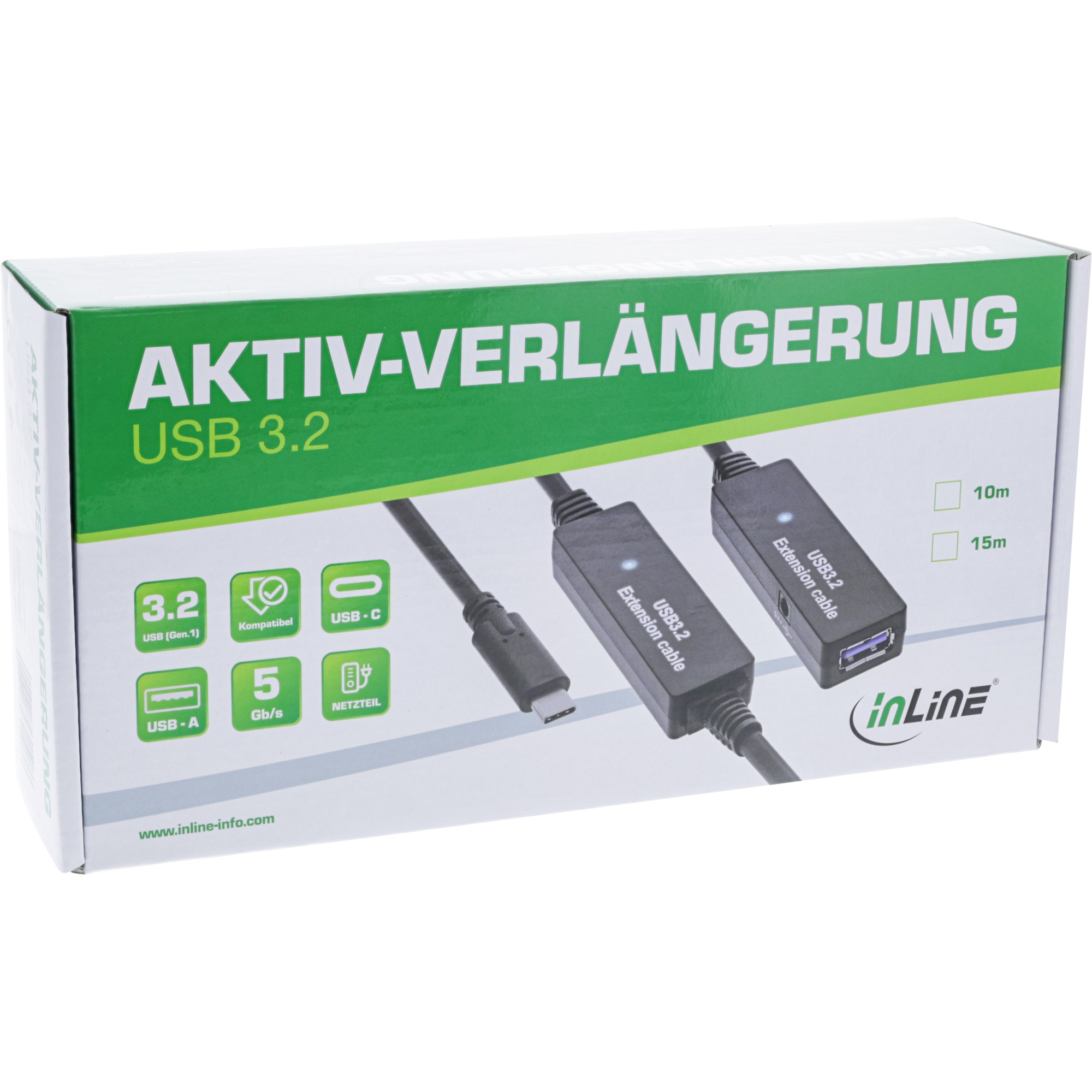 Inline® USB 3.2 Gen.1 Aktiv-VerLängerung, USB-C Stecker an USB-A Buchse, 15m