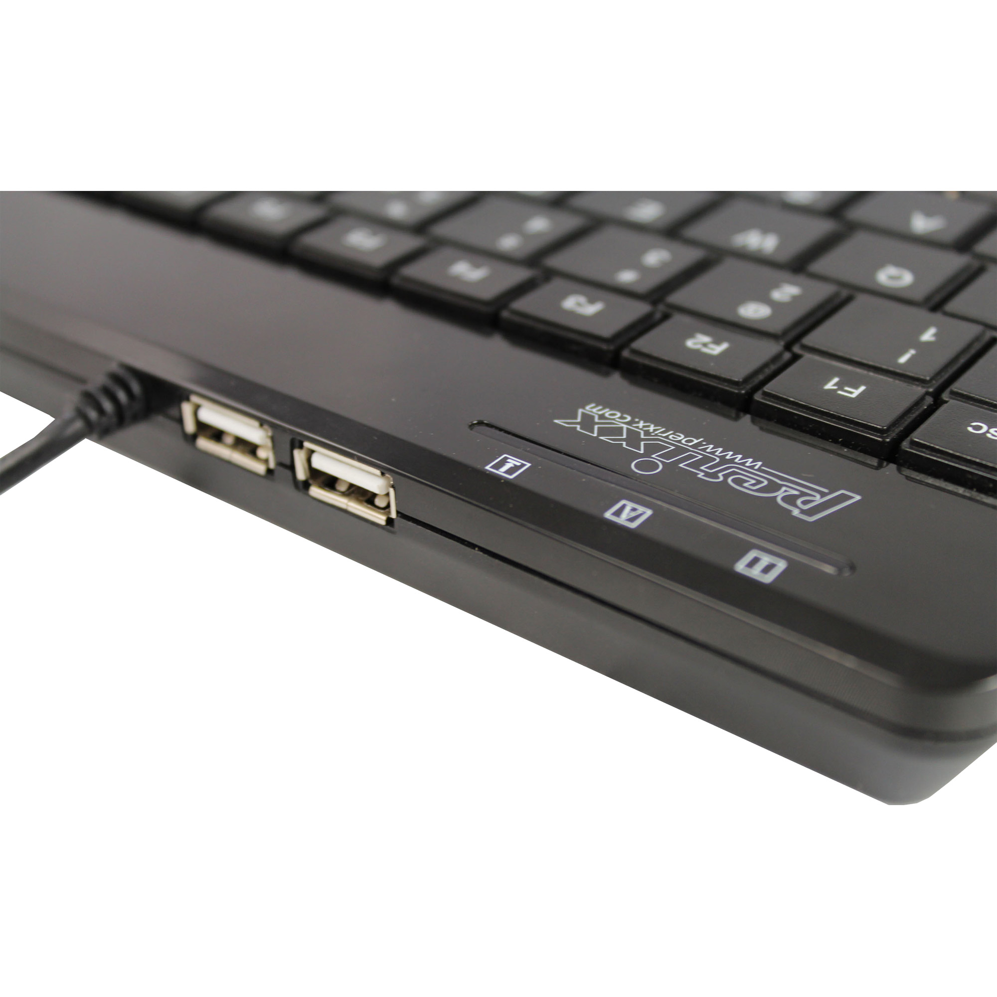 Perixx PERIBOARD-505H PLUS DE, Mini USB-Tastatur, Trackball, Hub, schwarz