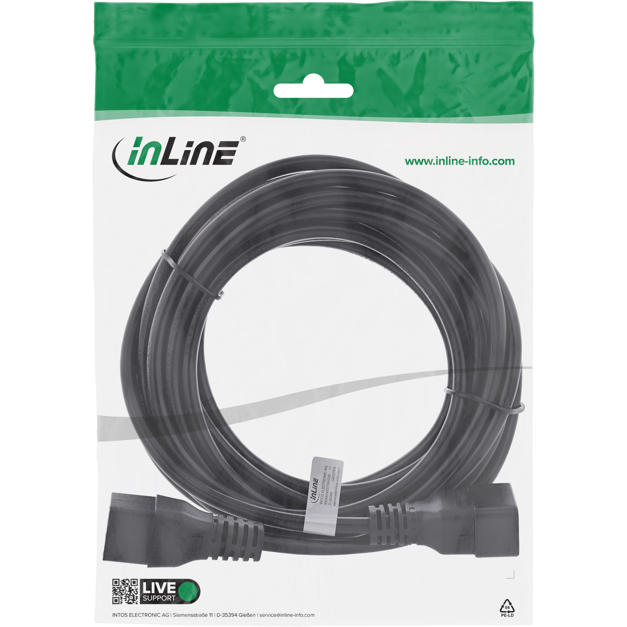 Inline® KaltgeräteverLängerung 16A, C19 auf C20, 7,5m