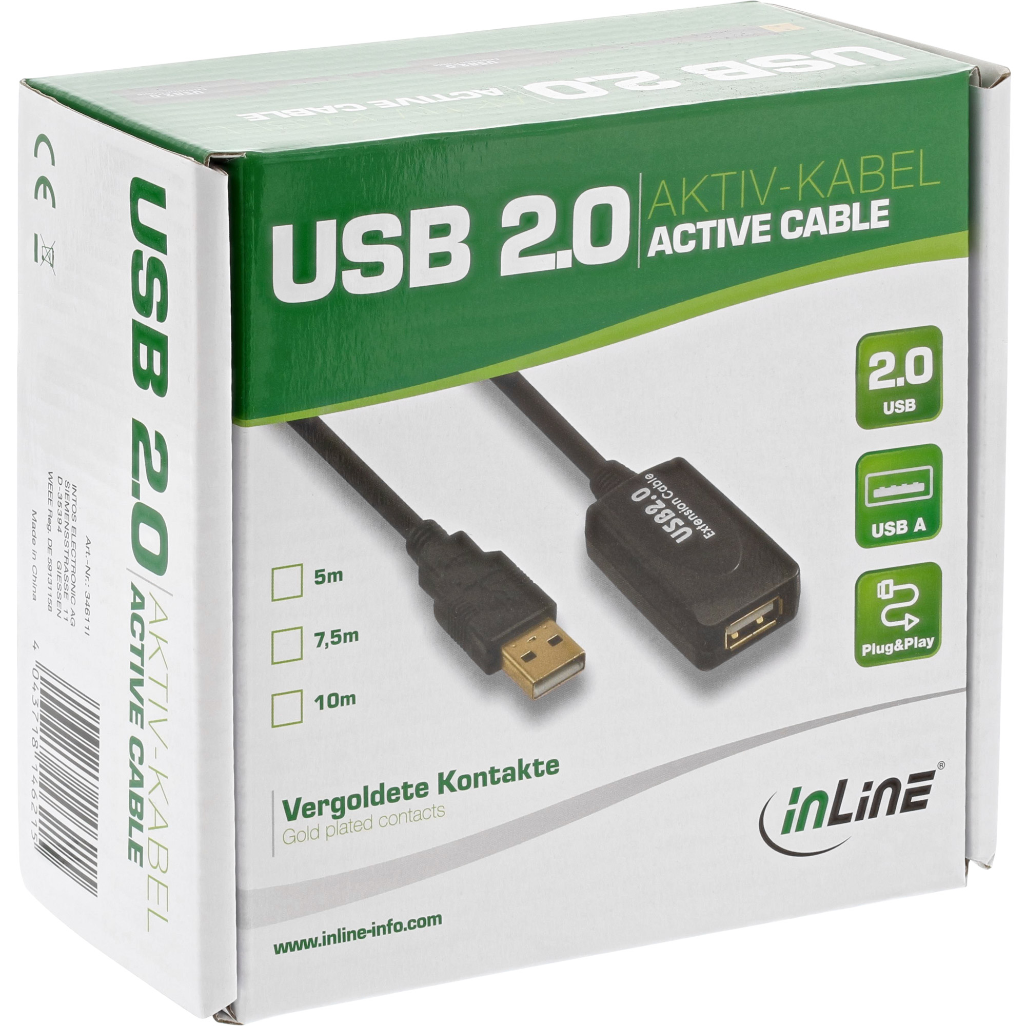 Inline® USB 2.0 Aktiv-Verl., mit Signalverstürkung "Repeater", ST A / BU A, 25m