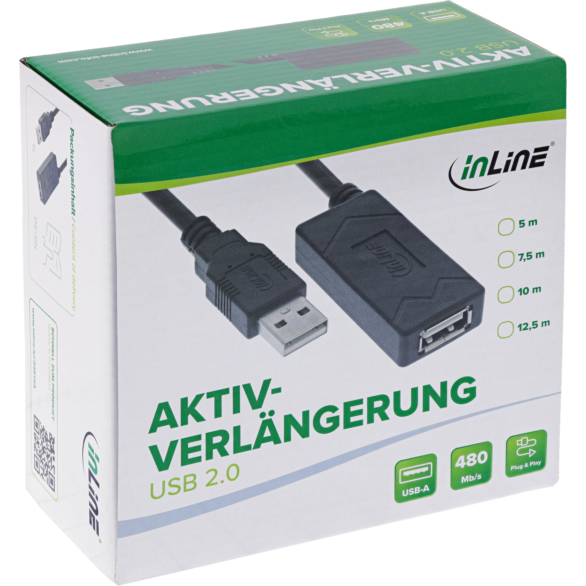 InLine® USB 2.0 Aktiv-Verlängerung, USB-A Stecker/Buchse, 7,5m