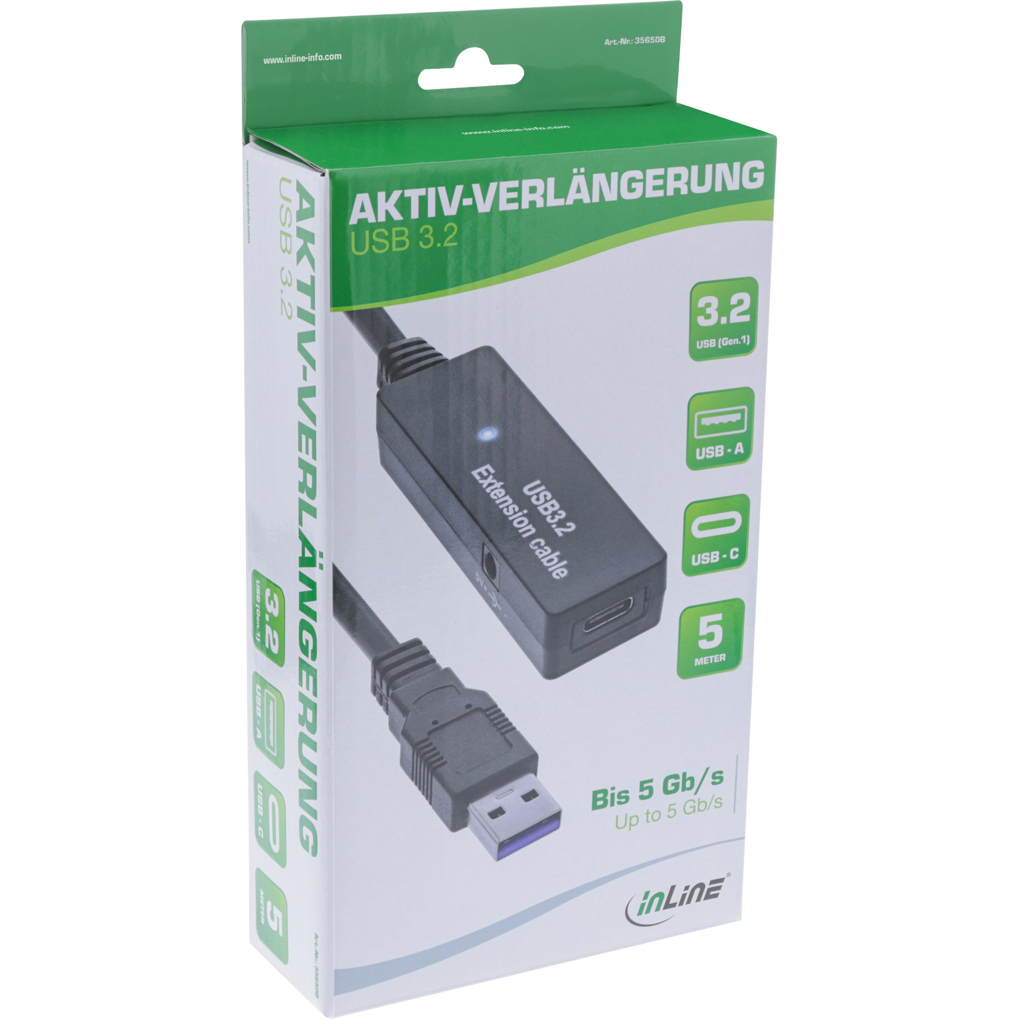 Inline® USB 3.2 Gen.1 Aktiv-VerLängerung, USB-A Stecker an USB-C Buchse, 5m