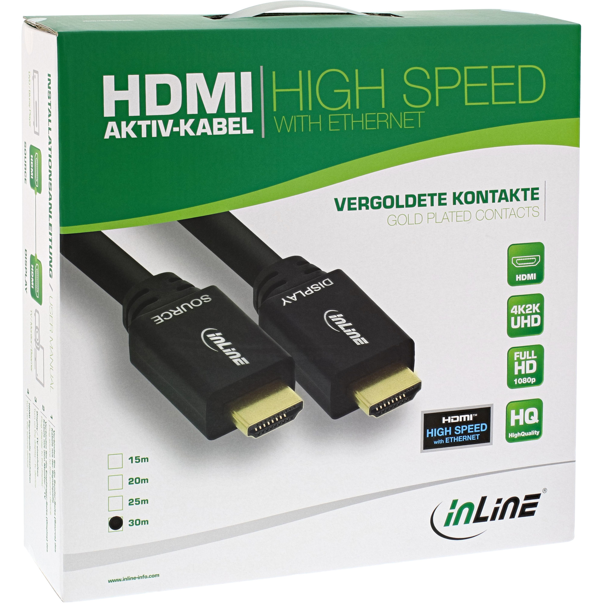 Inline® HDMI-High Speed Kabel mit Eth., ST / ST, aktiv, schwarz / gold, 40m
