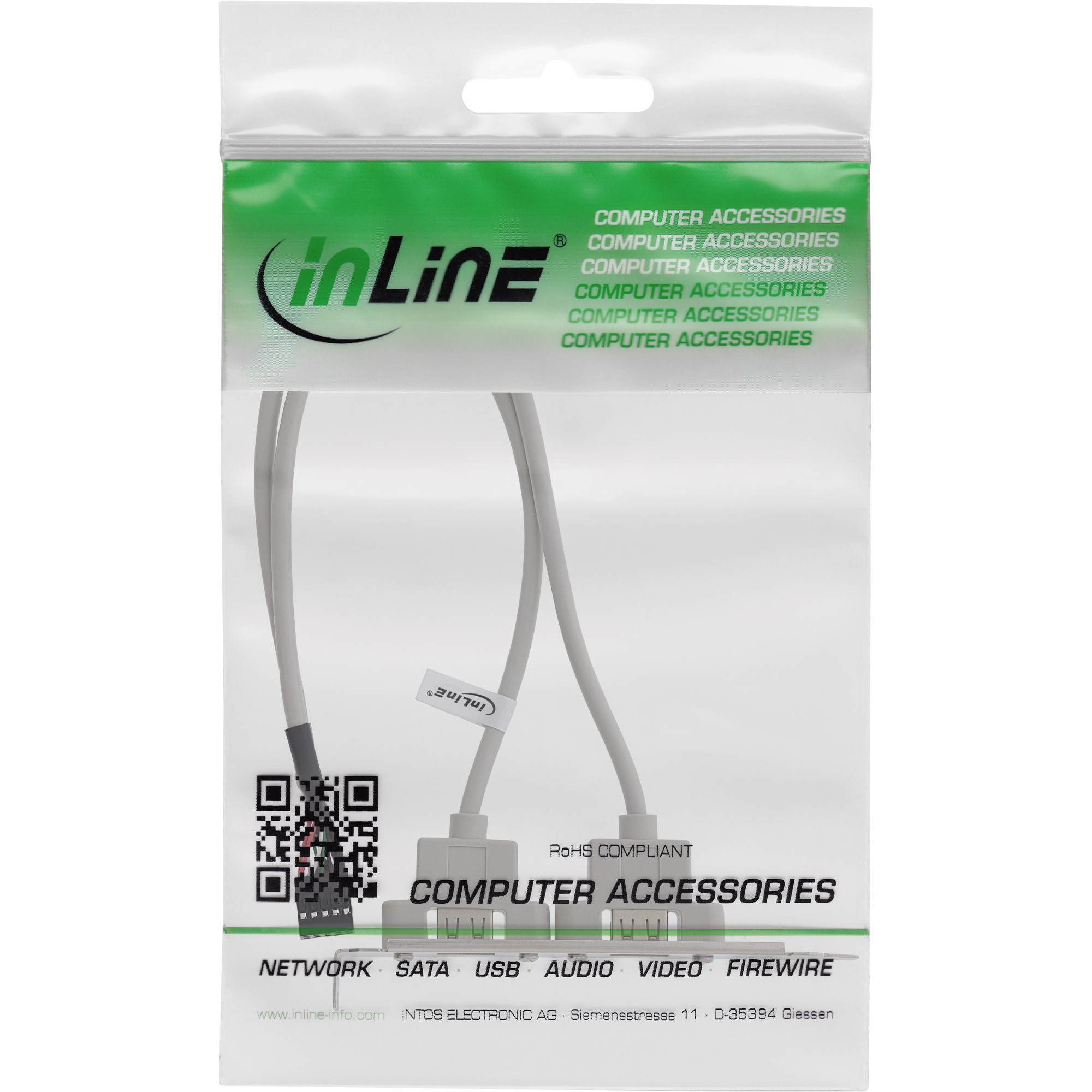 Inline® Slotblech USB 2.0, 2x USB Buchse auf 1x 10pol Pfostenverbinder, 0,35m