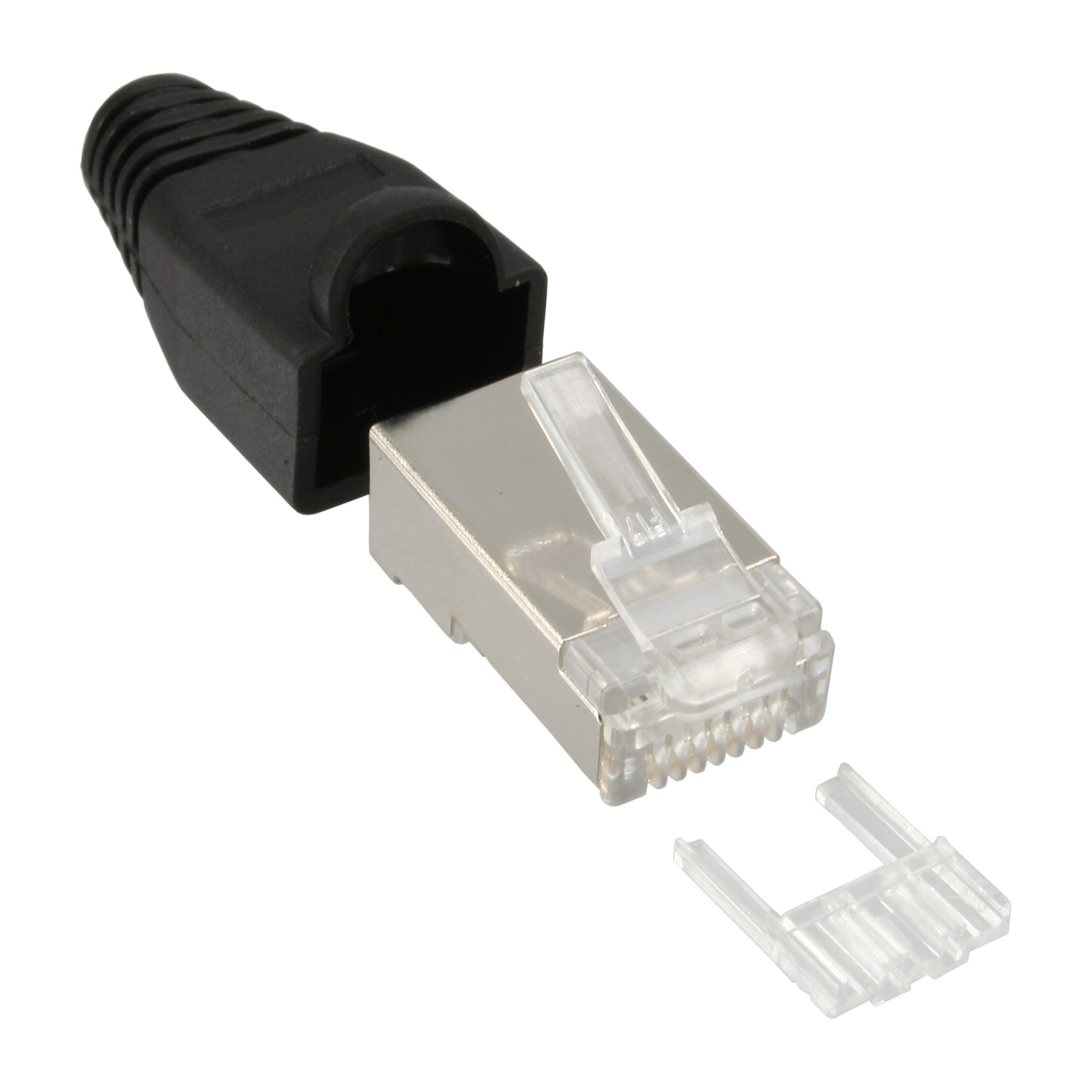 100er Pack Inline® Crimpst. RJ45 gesch., m. Knicksch. & Einfädelh., schwarz bulk