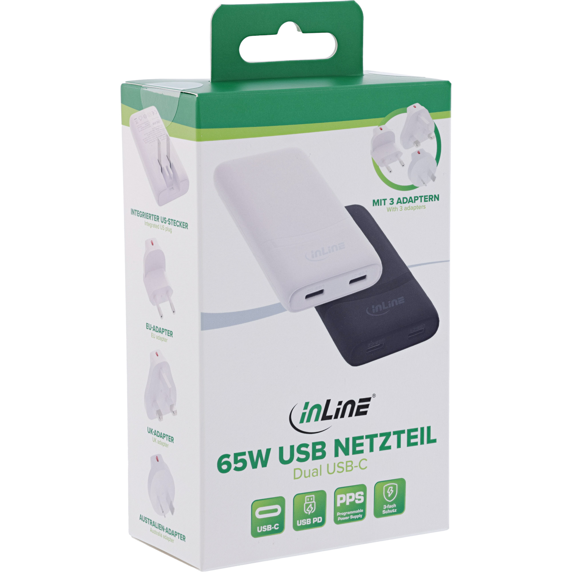 InLine® USB Reise-Netzteil Ladegerät, Dual USB-C, PD, PPS, 65W, flach, schwarz