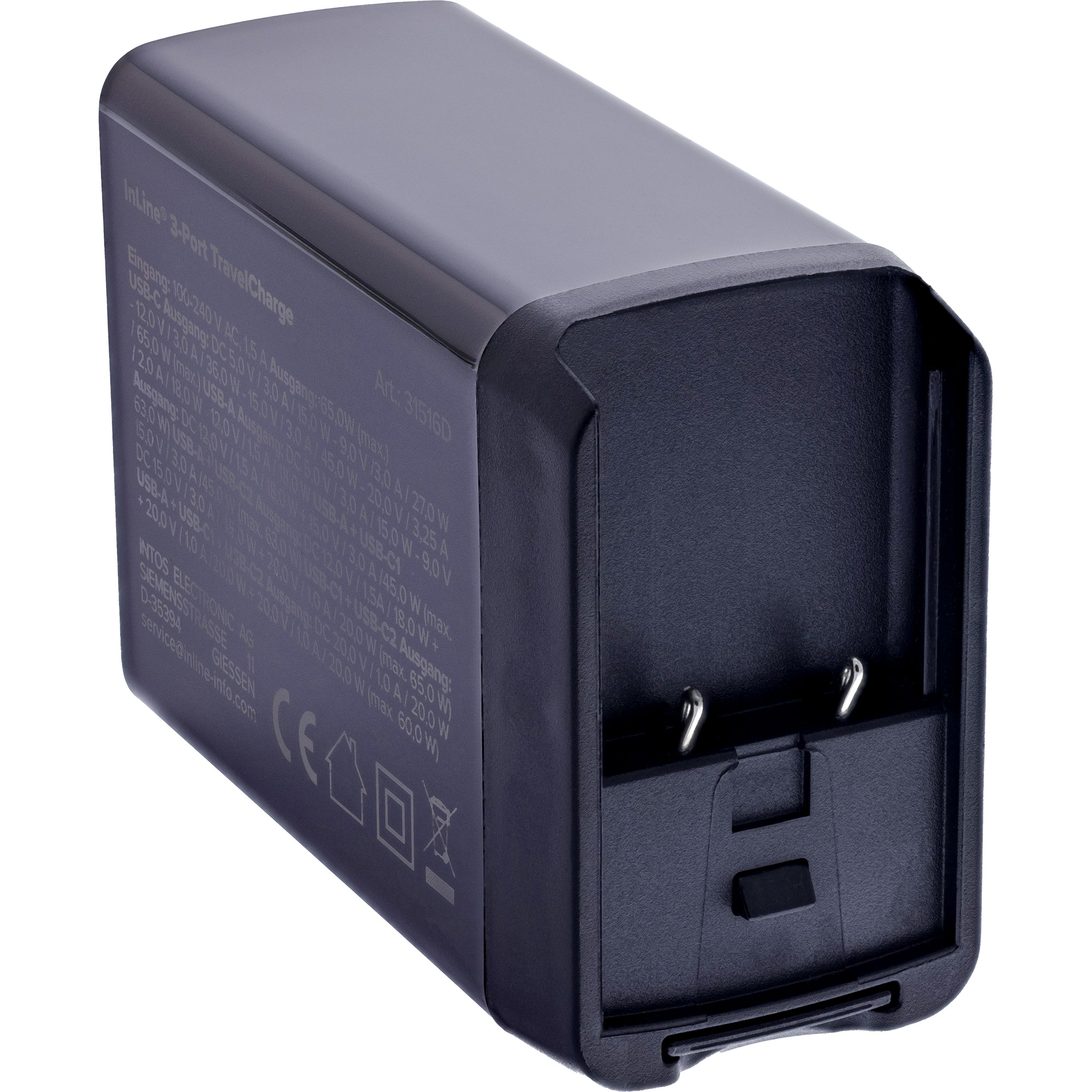 InLine® 3-Port TravelCharge, 65W USB-Netzteil, 2x USB-C, 1x USB-A, EU/UK/US