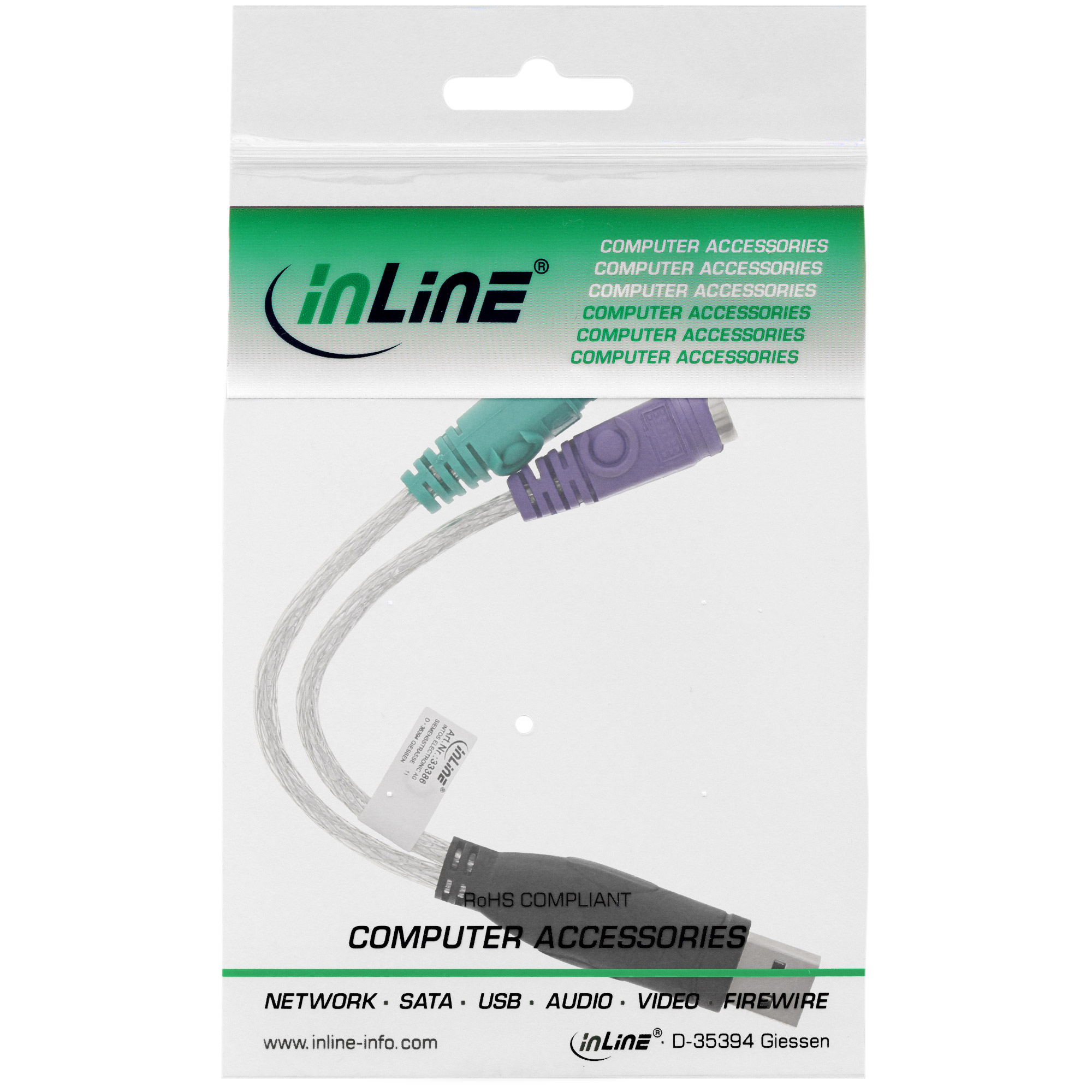Inline® USB zu PS/2 Konverter, USB Stecker an 2x PS/2 Buchse für Maus + Tastatur