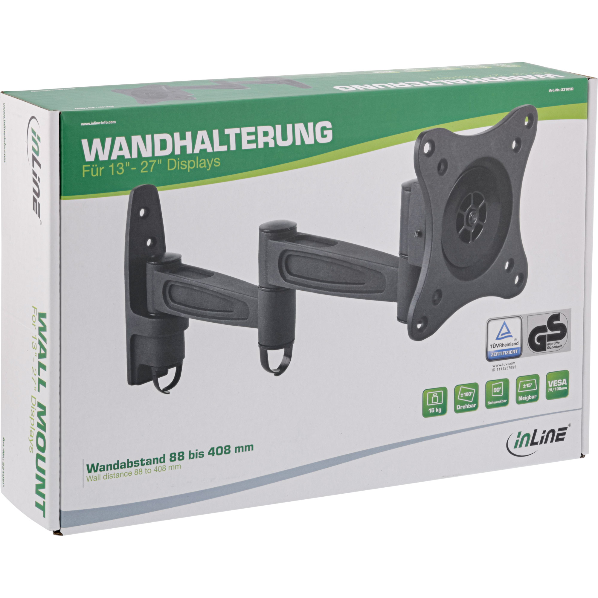 Inline® Wandhalterung, für Monitore bis 69cm (27"), max. 15kg, 2-teiliger Arm