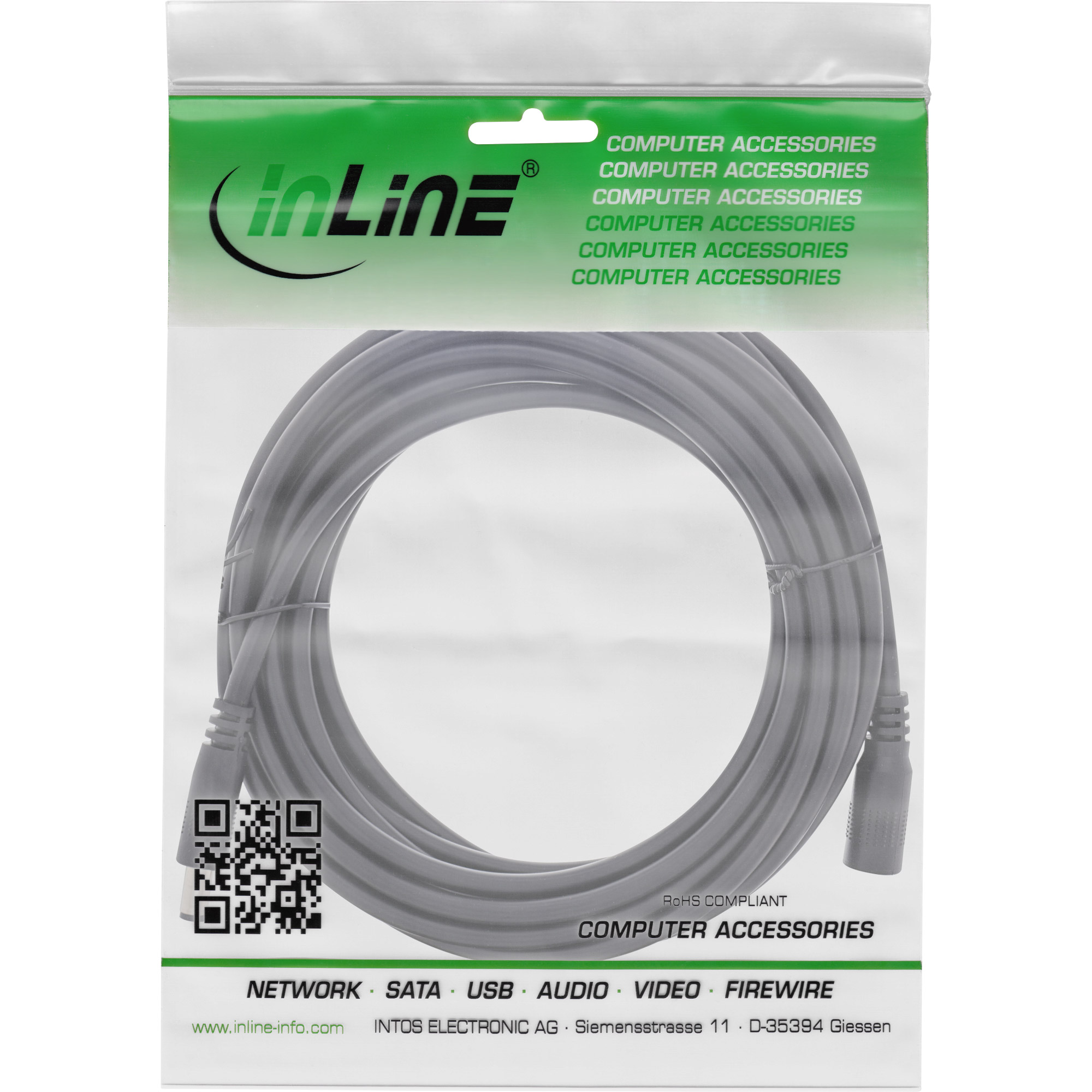 Inline® DC VerLängerungskabel, DC Stecker/Buchse 5,5x2,5mm, AWG 18, schwarz 5m