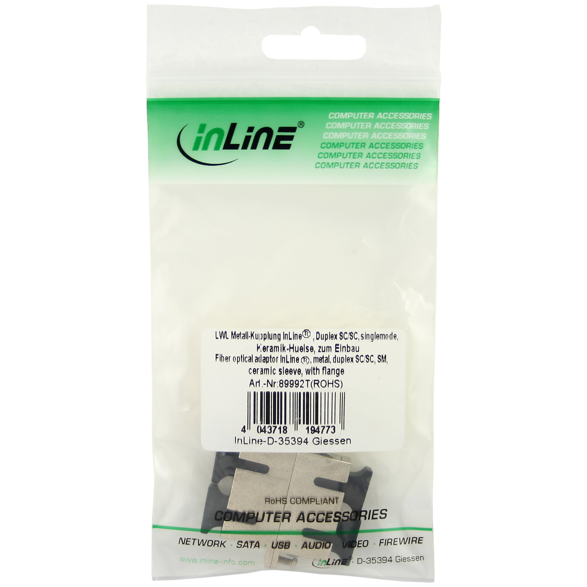 Inline® LWL Metall-Kupplung, Duplex SC/SC, singlemode, Keramik-Hülse, zum Einbau