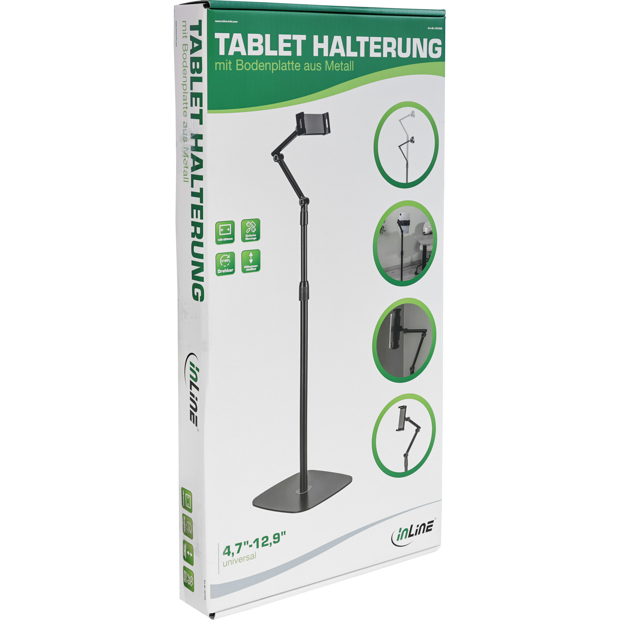 Inline® Tablet Halterung mit Bodenplatte aus Metall, bis 12,9", schwarz