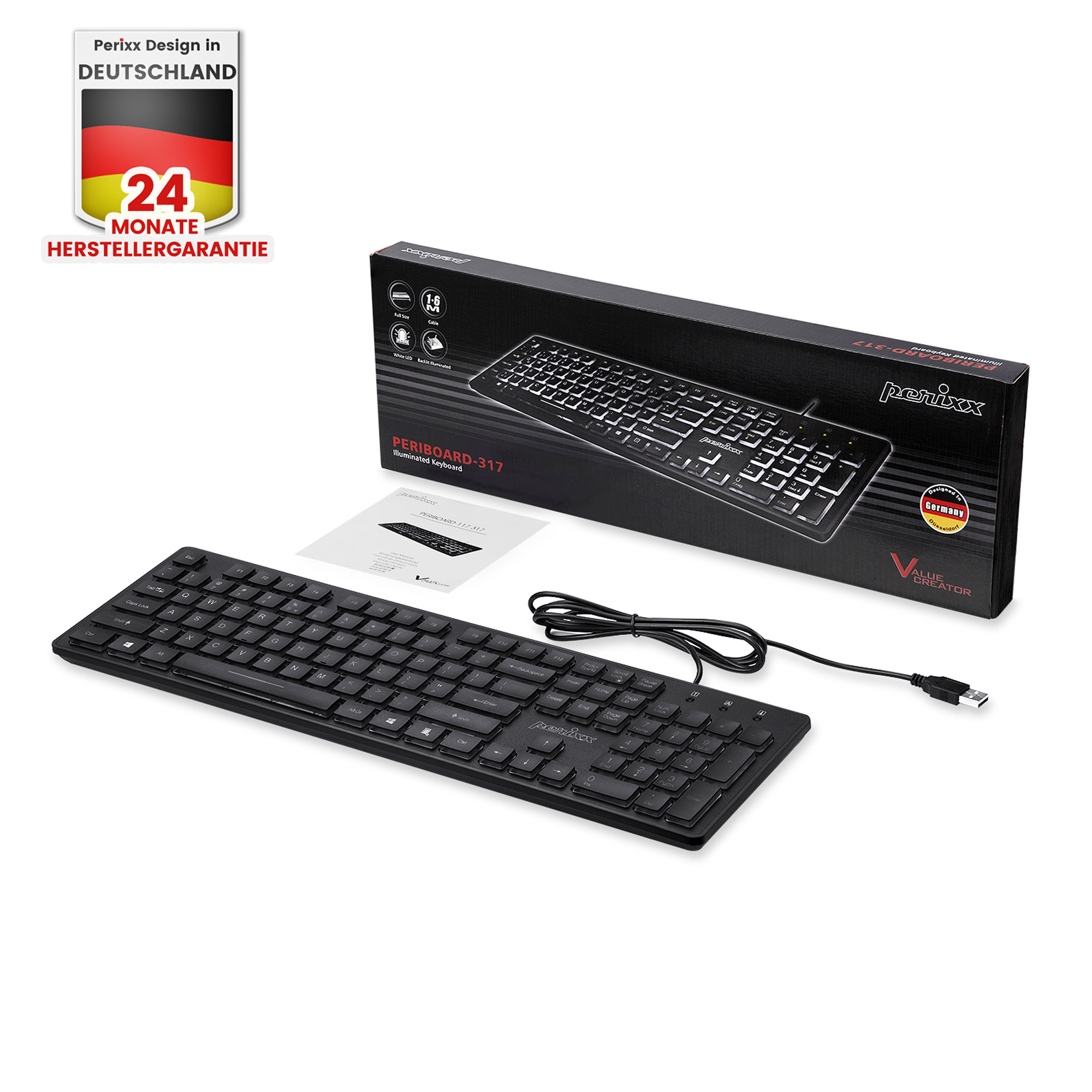 Perixx PERIBOARD-317 DE, beleuchtet, USB kabel, große Buchstaben, schwarz Perixx PERIBOARD-317 DE, beleuchtet, USB kabel, große Buchstaben, schwarz
