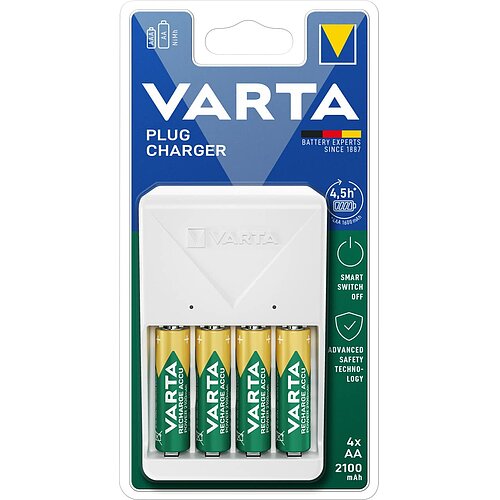 NiMH Akku Plug Ladegerät 0,385A Varta 57657 für AA Mignon AAA Micro inkl. 4 Akkus NiMH Akku Plug Ladegerät 0,385A Varta 57657 für AA Mignon AAA Micro inkl. 4 Akkus