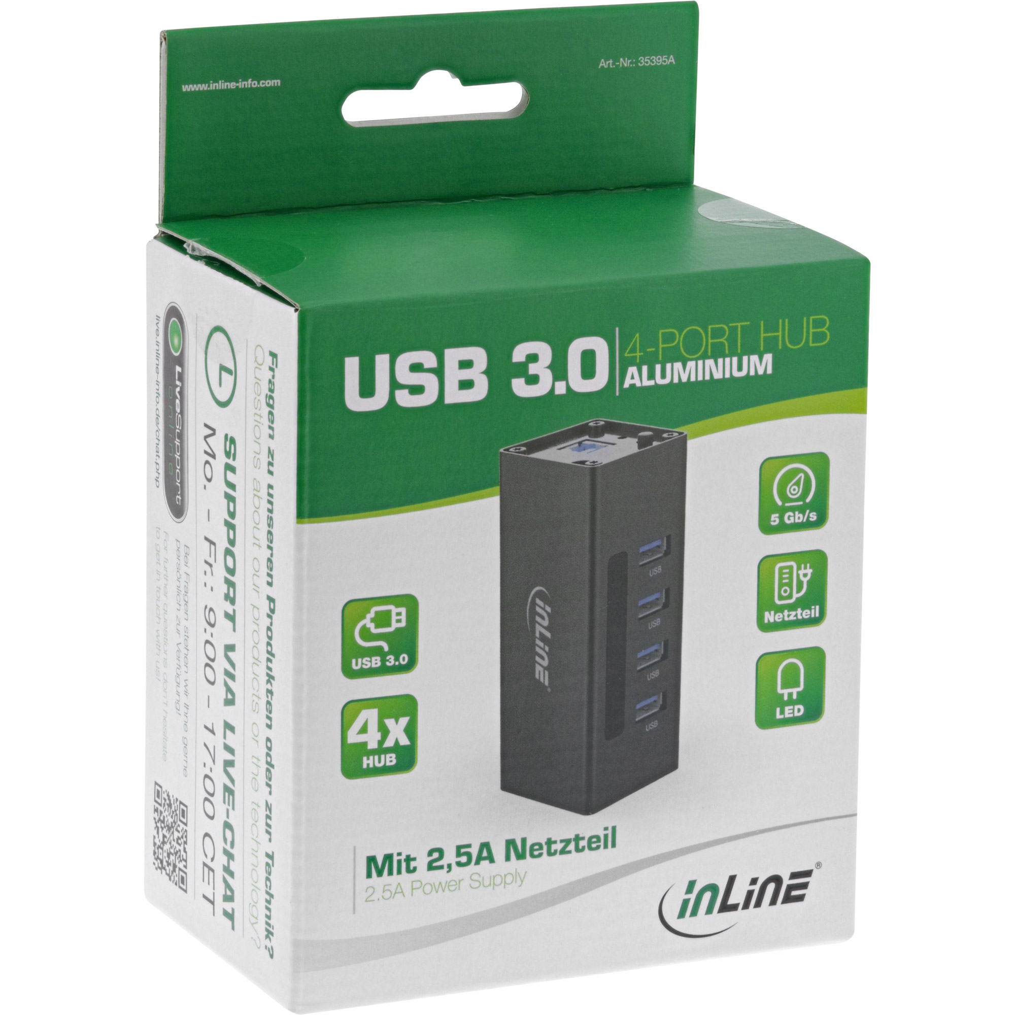 Inline® USB 3.0 Hub, 4 Port, Aluminiumgehäuse, schwarz, mit 2,5A Netzteil Inline® USB 3.0 Hub, 4 Port, Aluminiumgehäuse, schwarz, mit 2,5A Netzteil