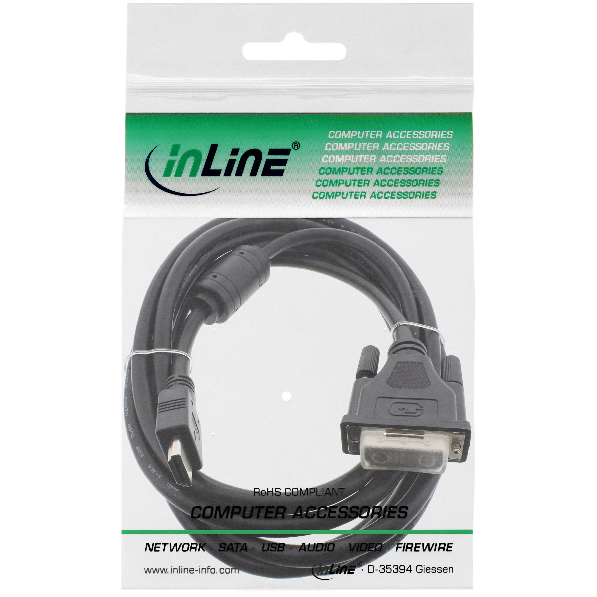 Inline® HDMI-DVI Adapterkabel, 19pol Stecker auf 18+1 Stecker, mit Ferrit, 3m