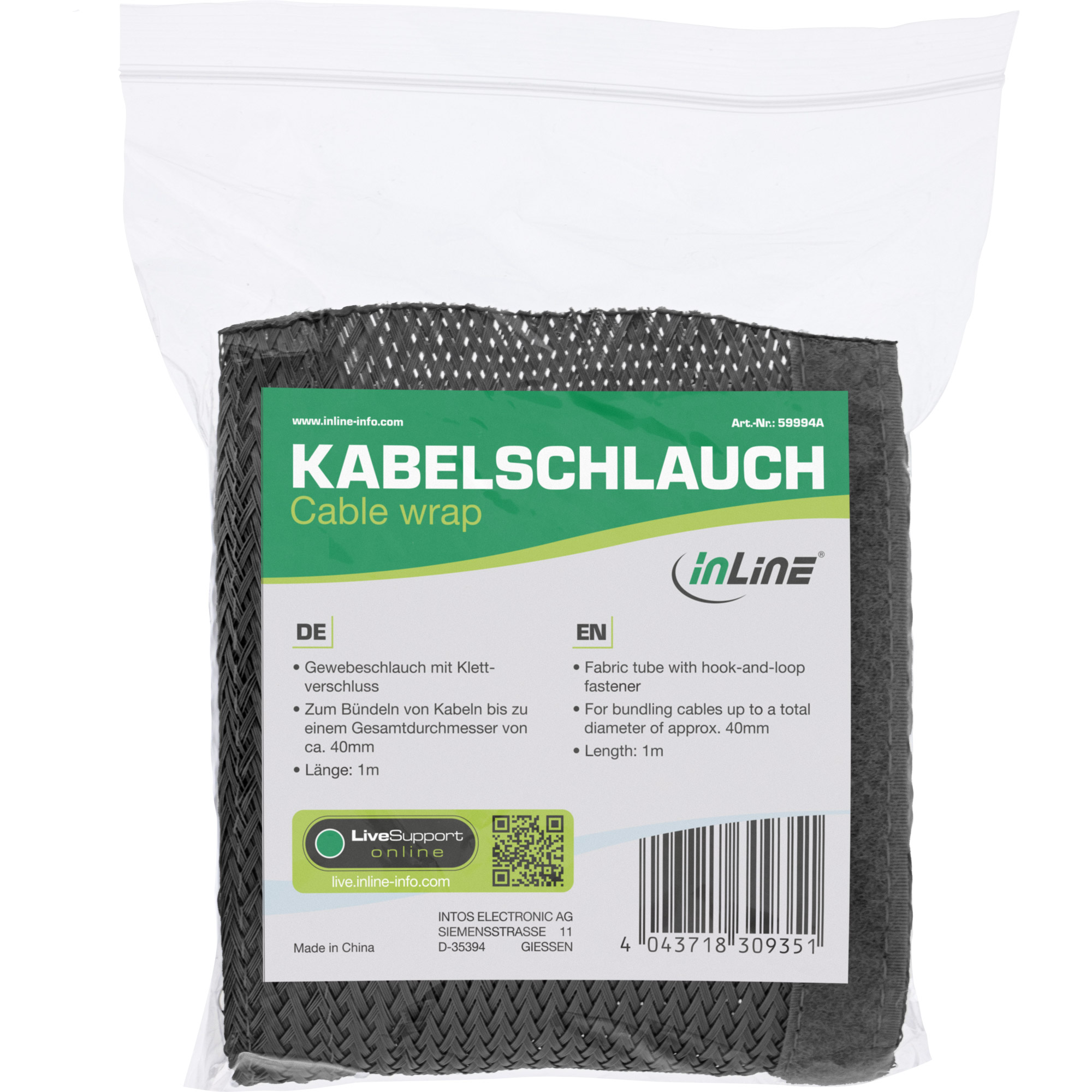 Inline® Kabelschlauch, Gewebeschlauch mit Klettverschluss, 1m x 40mm schwarz