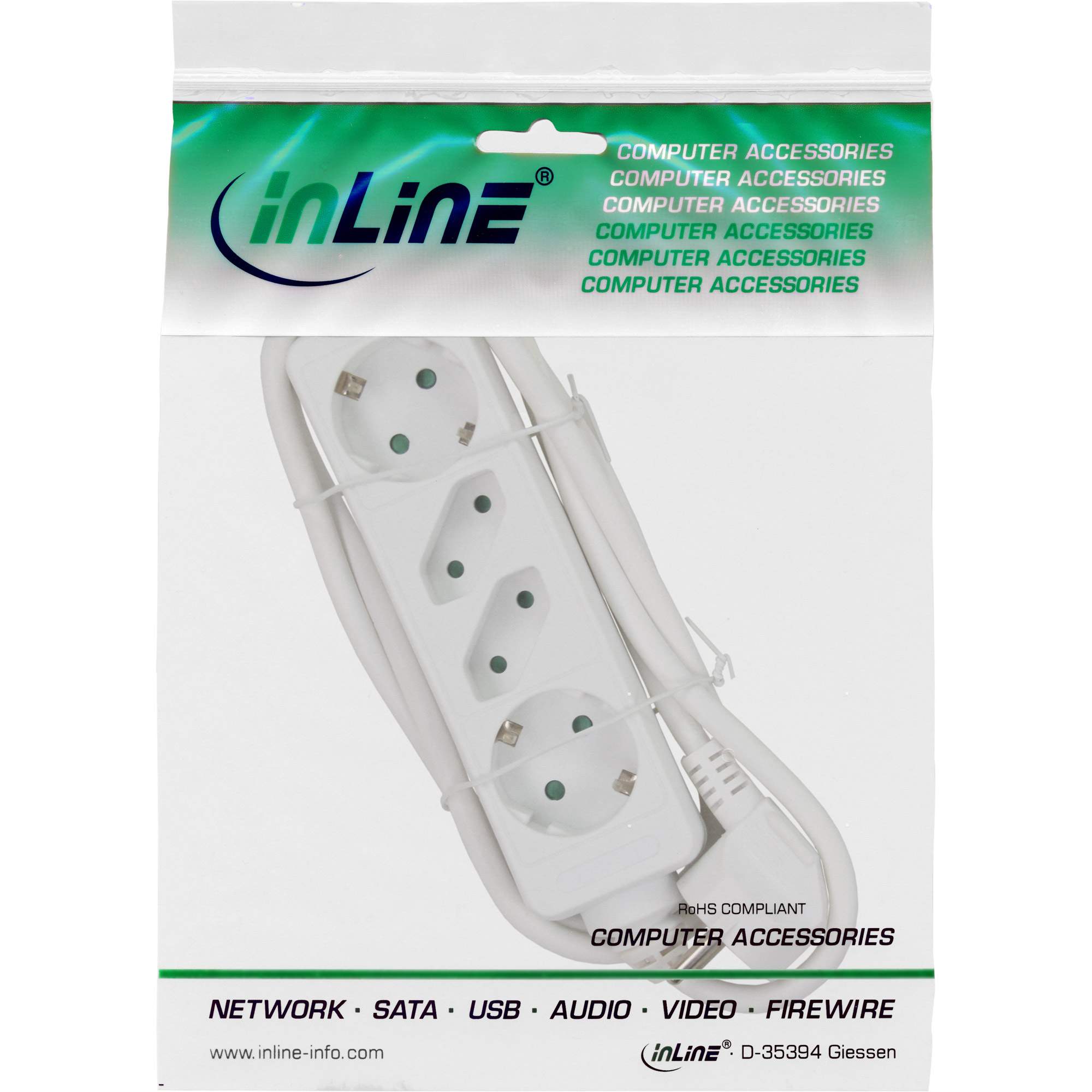 Inline® Steckdosenleiste, 4-fach, 2x Schutzkontakt + 2x Euro, weiß, 1,5m