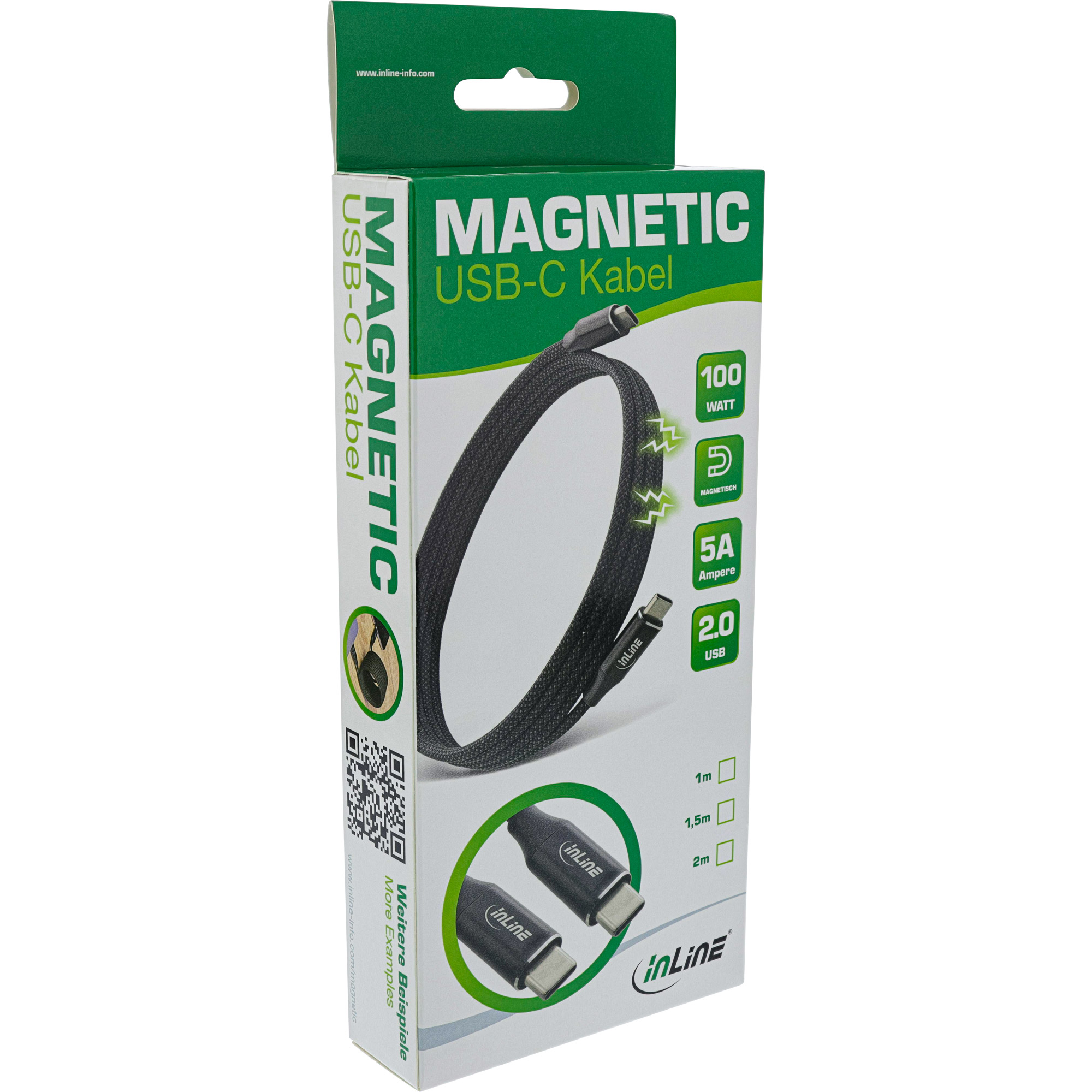 Inline® Magnetic USB-C Kabel, USB-C Stecker/Stecker, 100W, schwarz, 2m