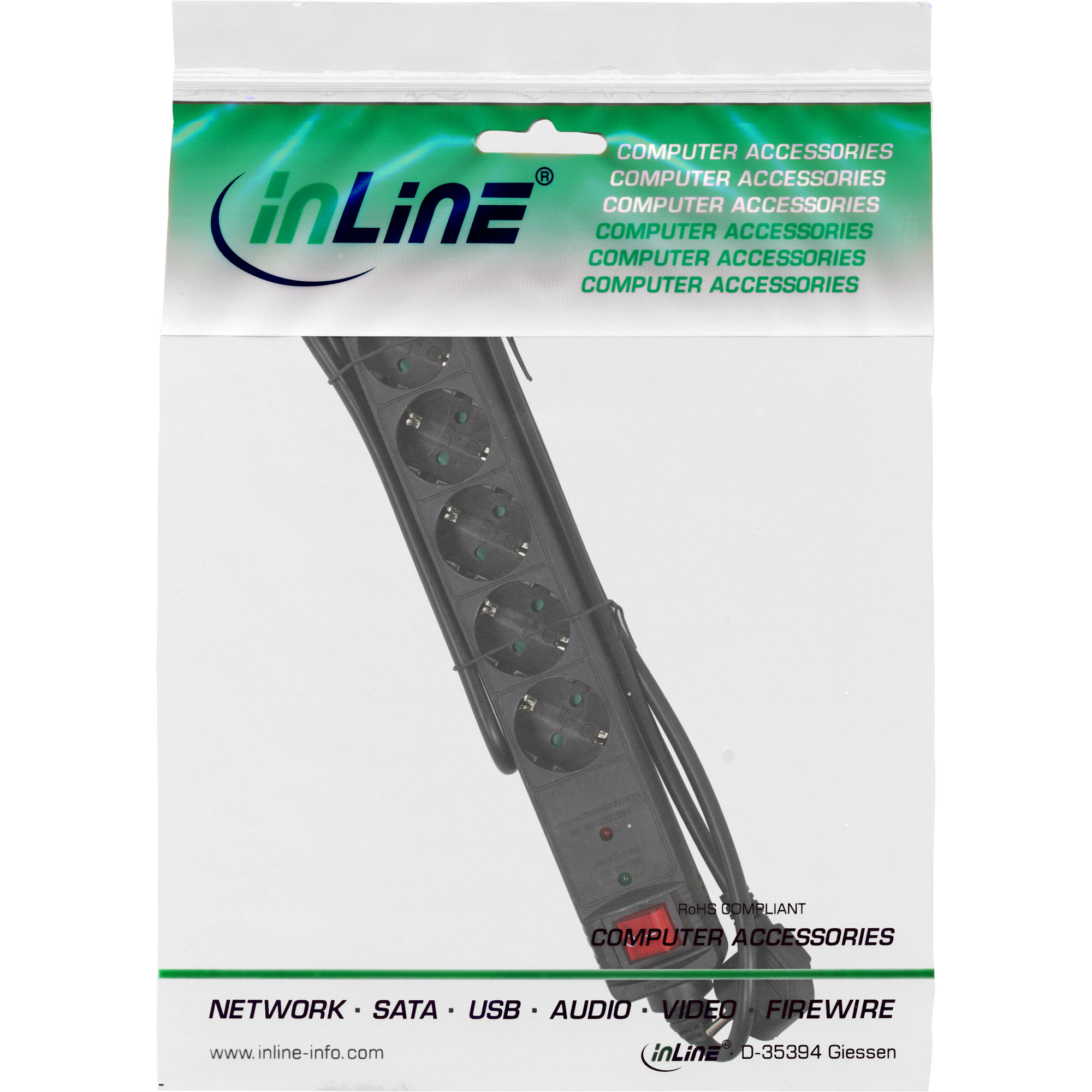 Inline® Steckdosenleiste, 6-fach Schutzkontakt, mit ÜSS, schwarz