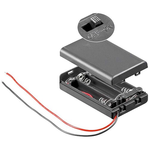 Batteriehalter für 3x Micro mit Deckel und Schalter wasserabweisend, mit losen Kabelenden Batteriehalter für 3x Micro mit Deckel und Schalter wasserabweisend, mit losen Kabelenden