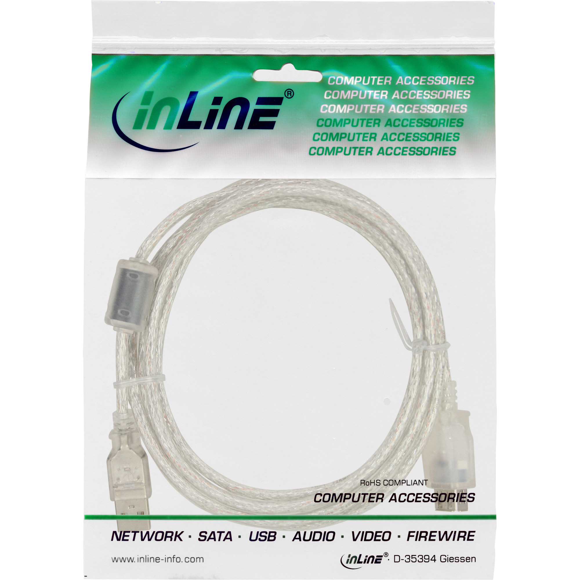 Inline® USB 2.0 VerLängerung, St/Bu, Typ A, transparent, mit Ferritkern 2m