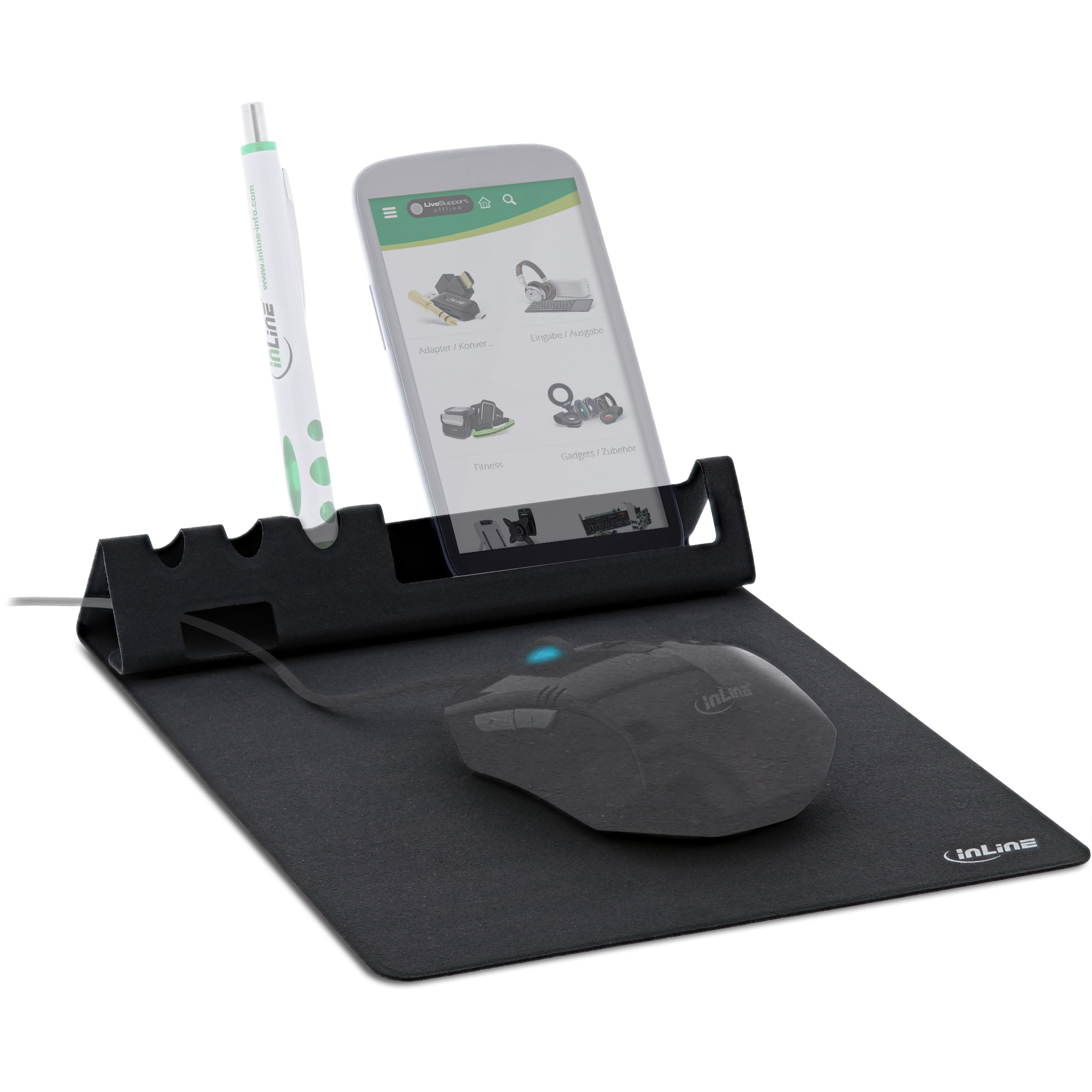 Inline® Multifunktions-Mauspad mit Handy und Stifthalter, schwarz, faltbar