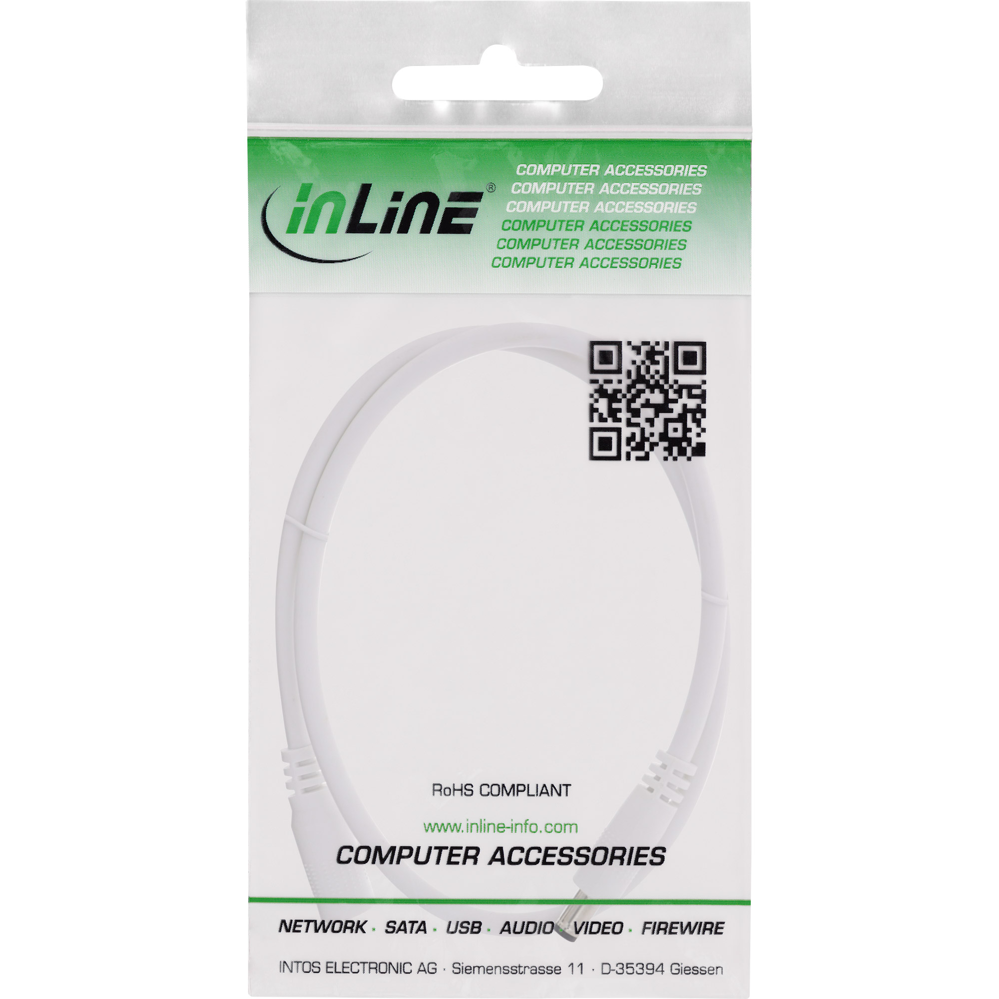 Inline® DC VerLängerungskabel, DC Stecker/Buchse 5,5x2,5mm, AWG 18, weiß, 1m