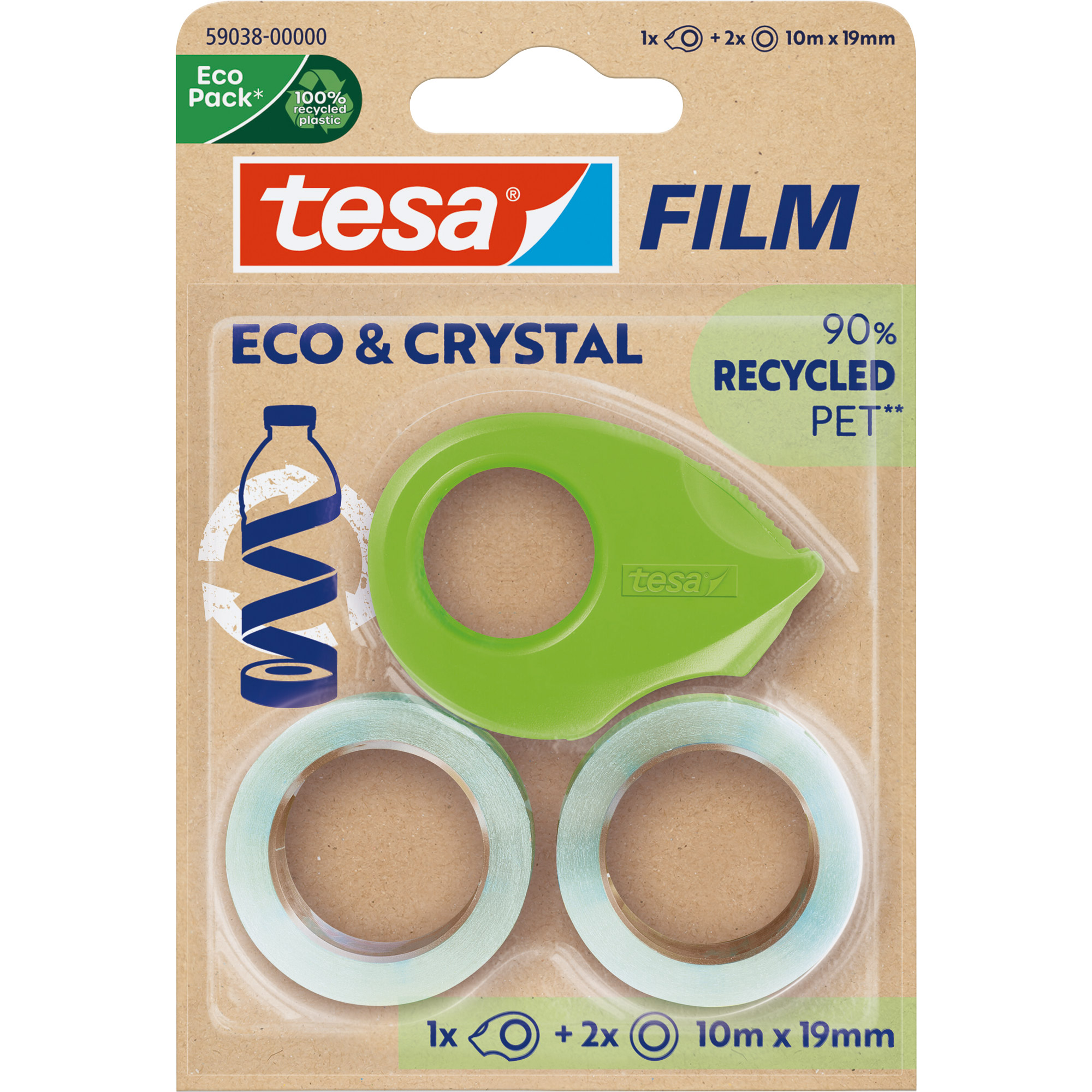 tesafilm Eco & Crystal, 10m x 19mm, Blister 2er-Pack + Mini-Abroller