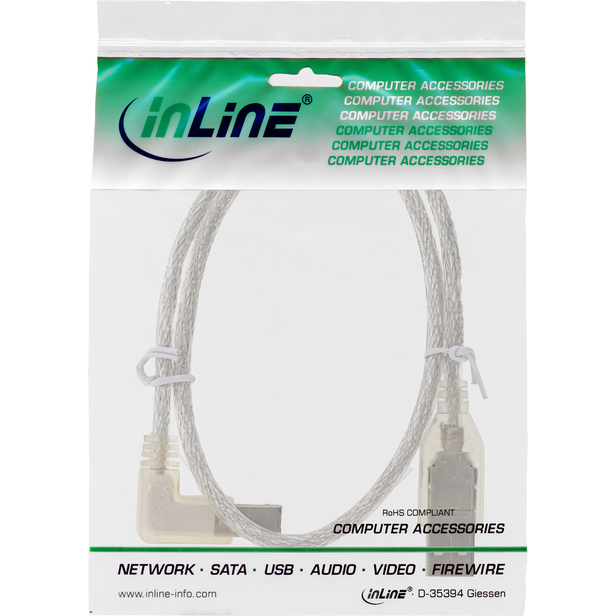 Inline® USB 2.0 Kabel, A an B, links abgewinkelt, transparent, 0,3m