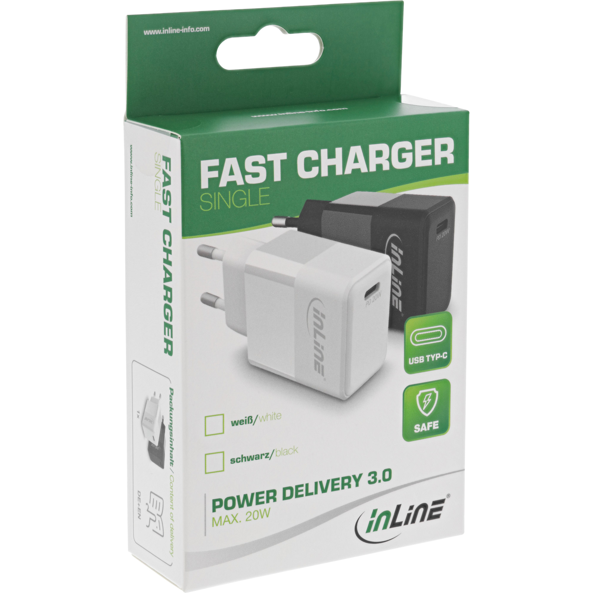 Inline® USB PD Netzteil Ladegerät Single USB-C, Power Delivery, 20W, weiß
