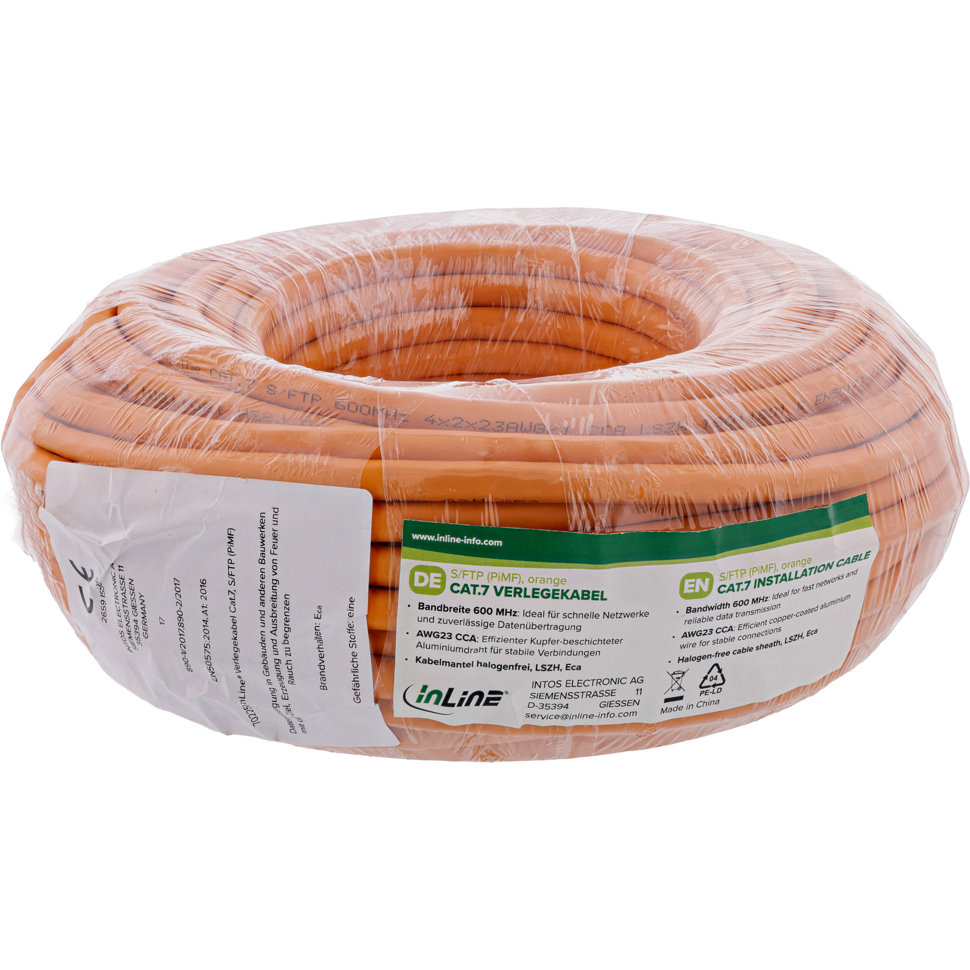 InLine® Verlegekabel Cat.7 S/FTP, CCA, 600MHz, PoE+, halogenfrei, orange, 50m InLine® Verlegekabel Cat.7 S/FTP, CCA, 600MHz, PoE+, halogenfrei, orange, 50m