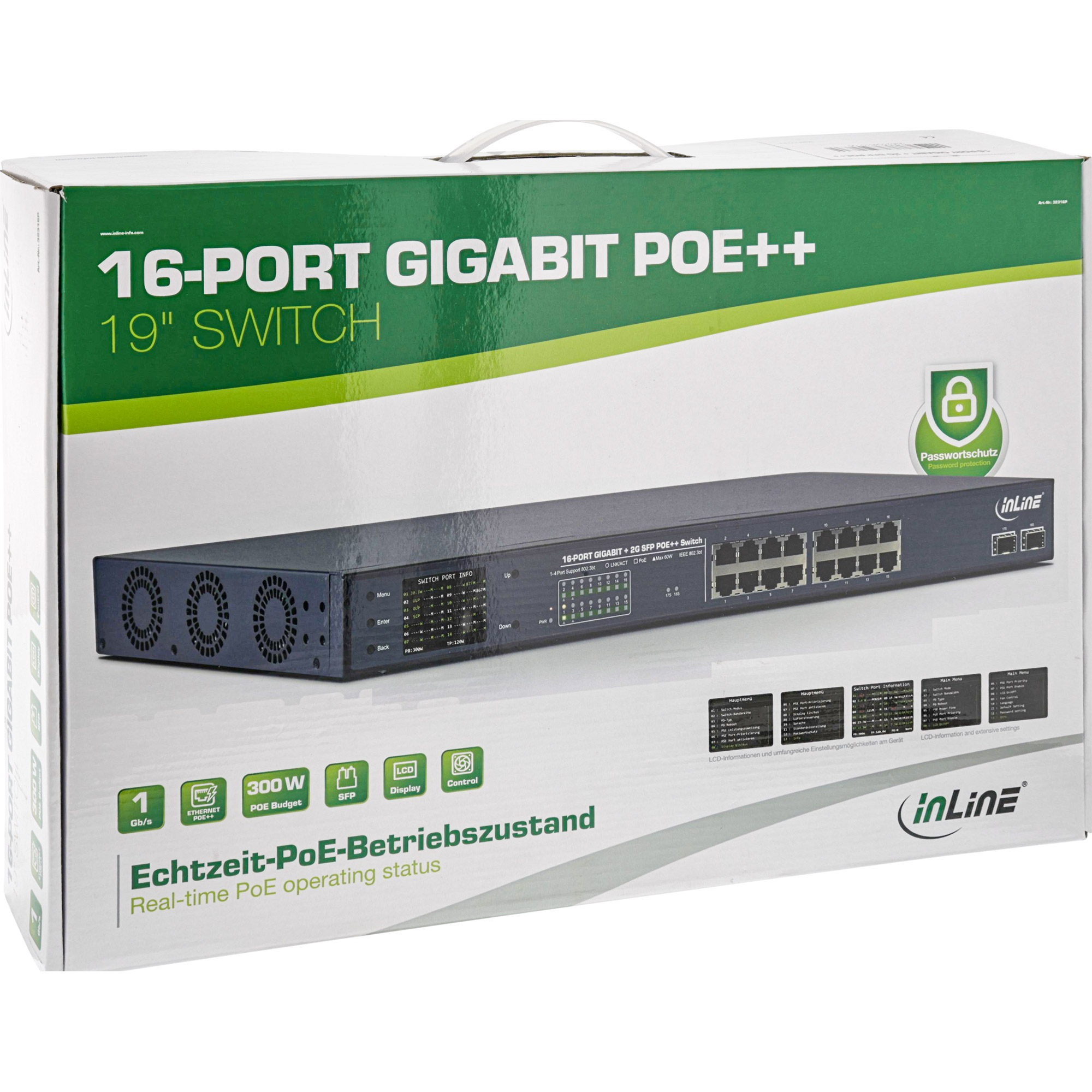 Inline® PoE++ Gigabit Netzwerk Switch 16 Port, 1Gb/s, 2xSFP,19"1HE(inkl. Winkel)