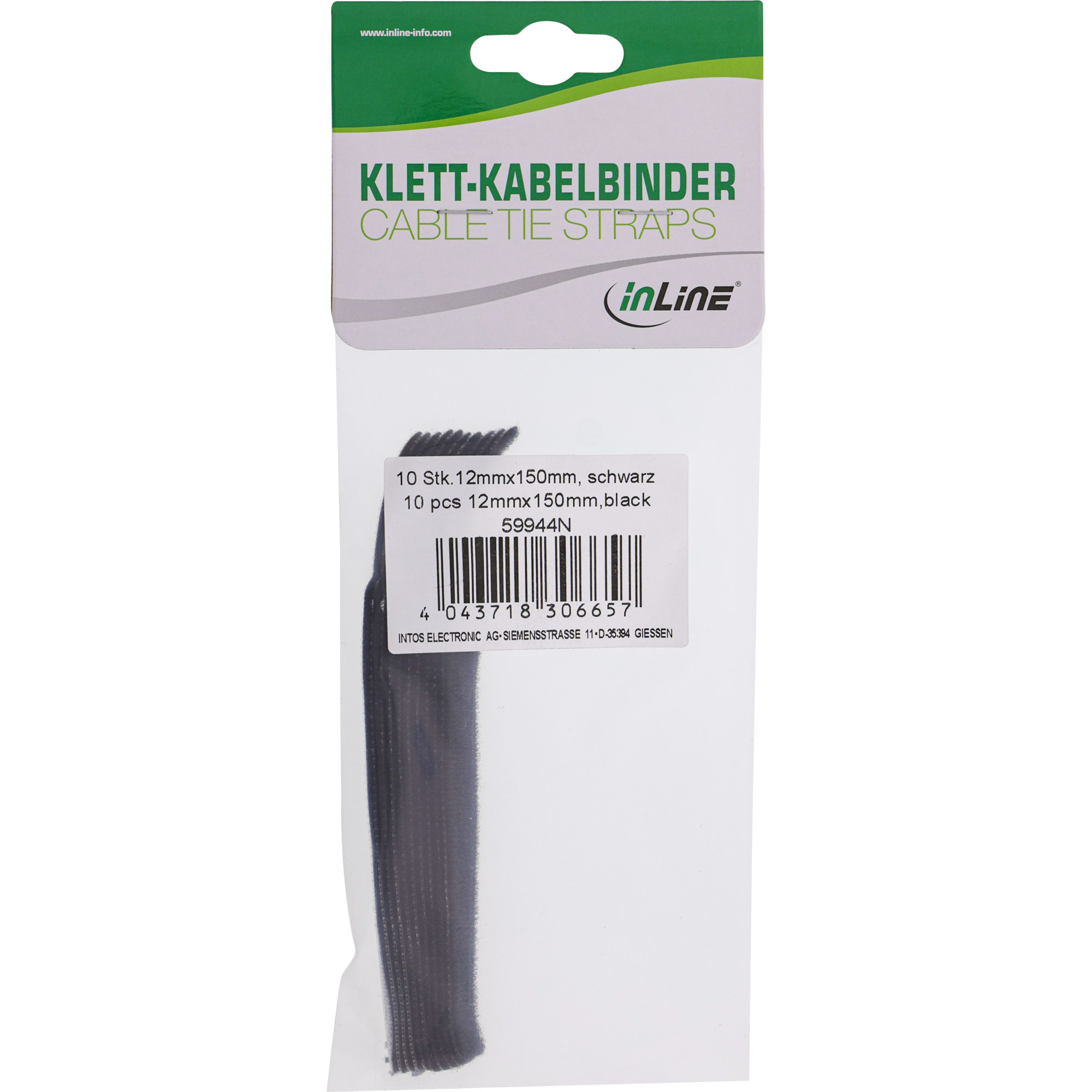 Inline® Klettkabelbinder mit Lasche 12x150mm, 10er, schwarz