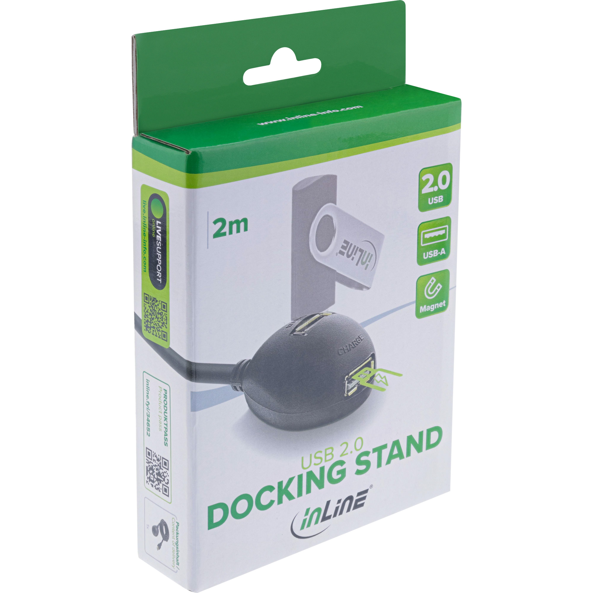 Inline® USB 2.0 VerLängerung, ST / BU, Typ A, schwarz, mit Standfuss, 2m