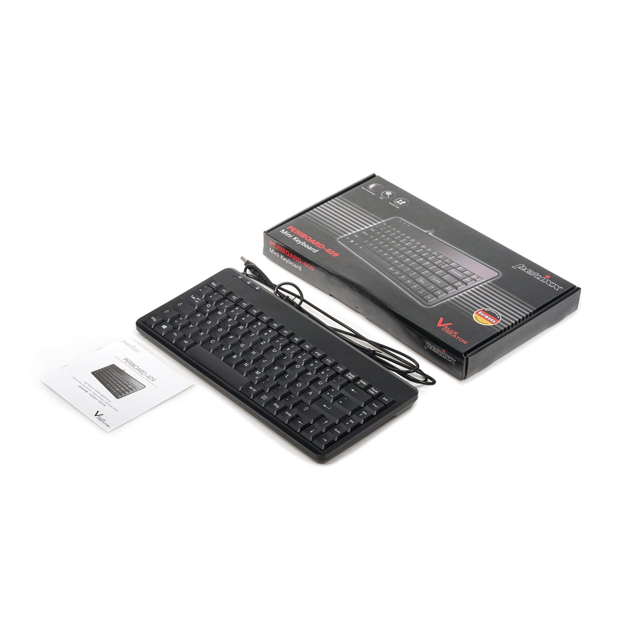 Perixx PERIBOARD-409 H, DE, Mini USB-Tastatur, 2 Hubs, schwarz